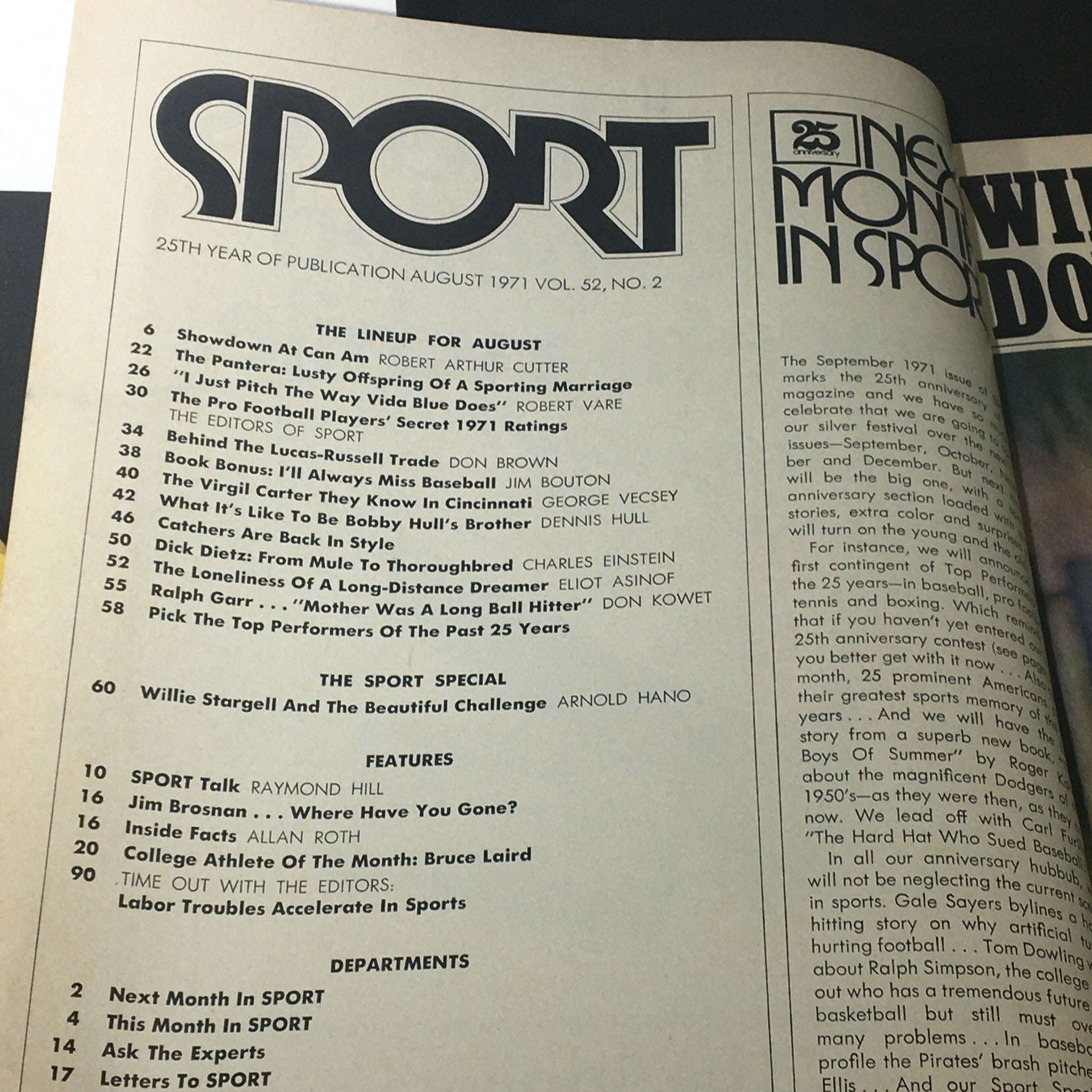 Inside page of VTG Sport Magazine August 1971 Vol 52 #2 with the table of contents, highlighting key articles including features on sports legends and cultural narratives.