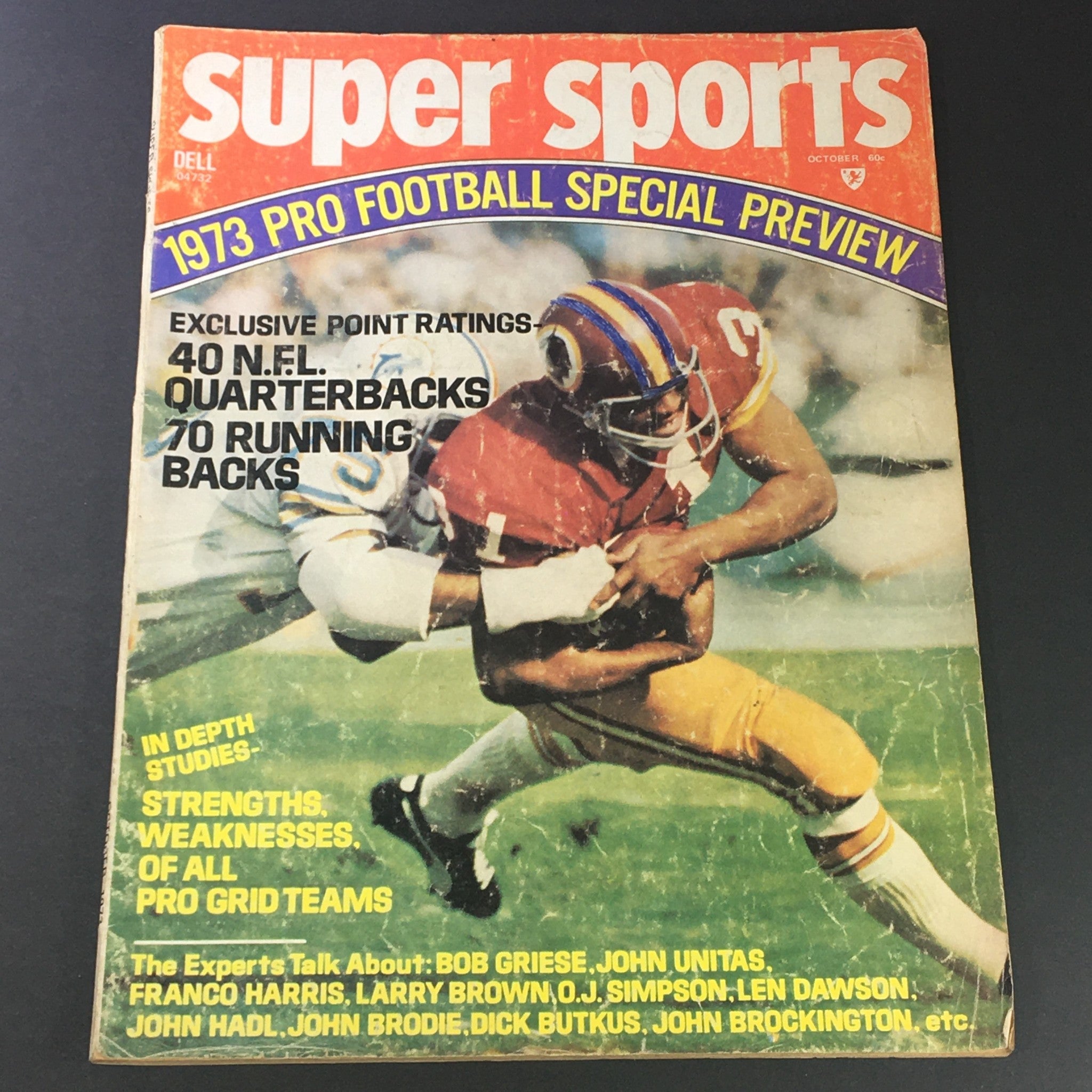 VTG Super Sports Magazine October 1973 cover featuring football special preview with exclusive point ratings for 40 NFL quarterbacks and 70 running backs, showcasing Bob Griese and John Unitas.