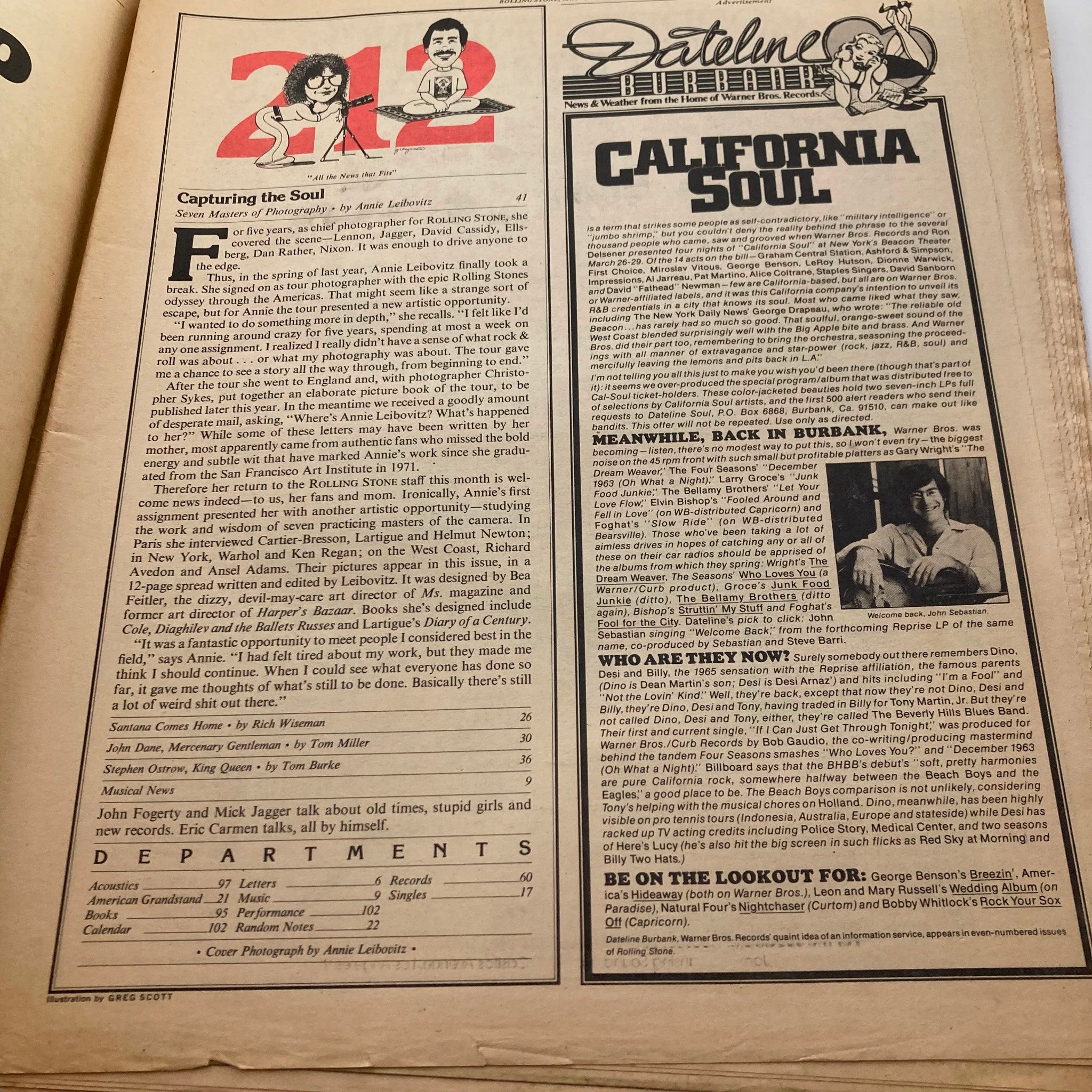 Inside page from the VTG Rolling Stone Magazine dated May 6, 1976, featuring article on Santana and detailed sections titled 'Departments' and 'Dateline Burbank'.
