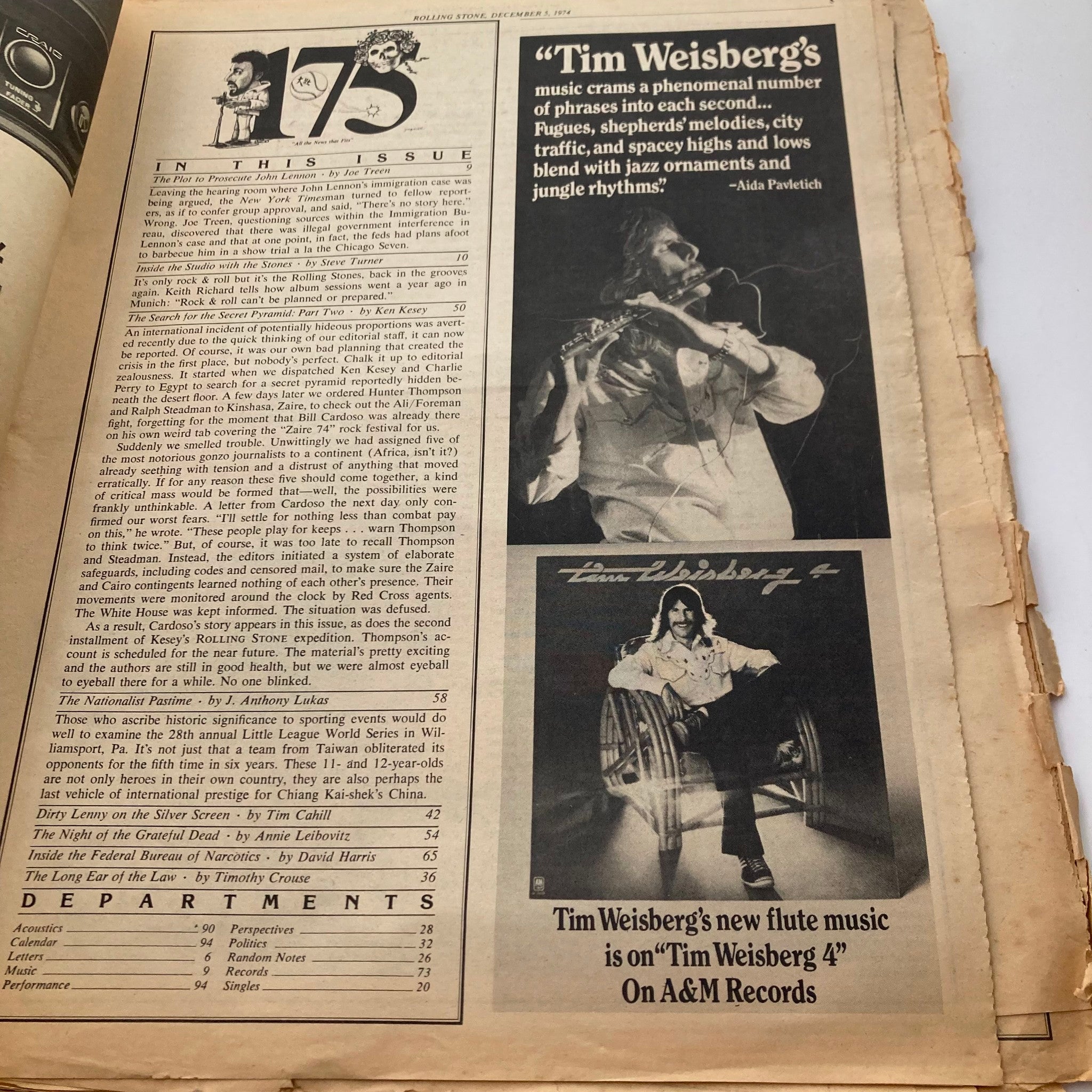 Interior page of the Vintage Rolling Stone Magazine, December 5, 1974, No. 175, displaying featured articles including Tim Weisberg and highlights from the issue.