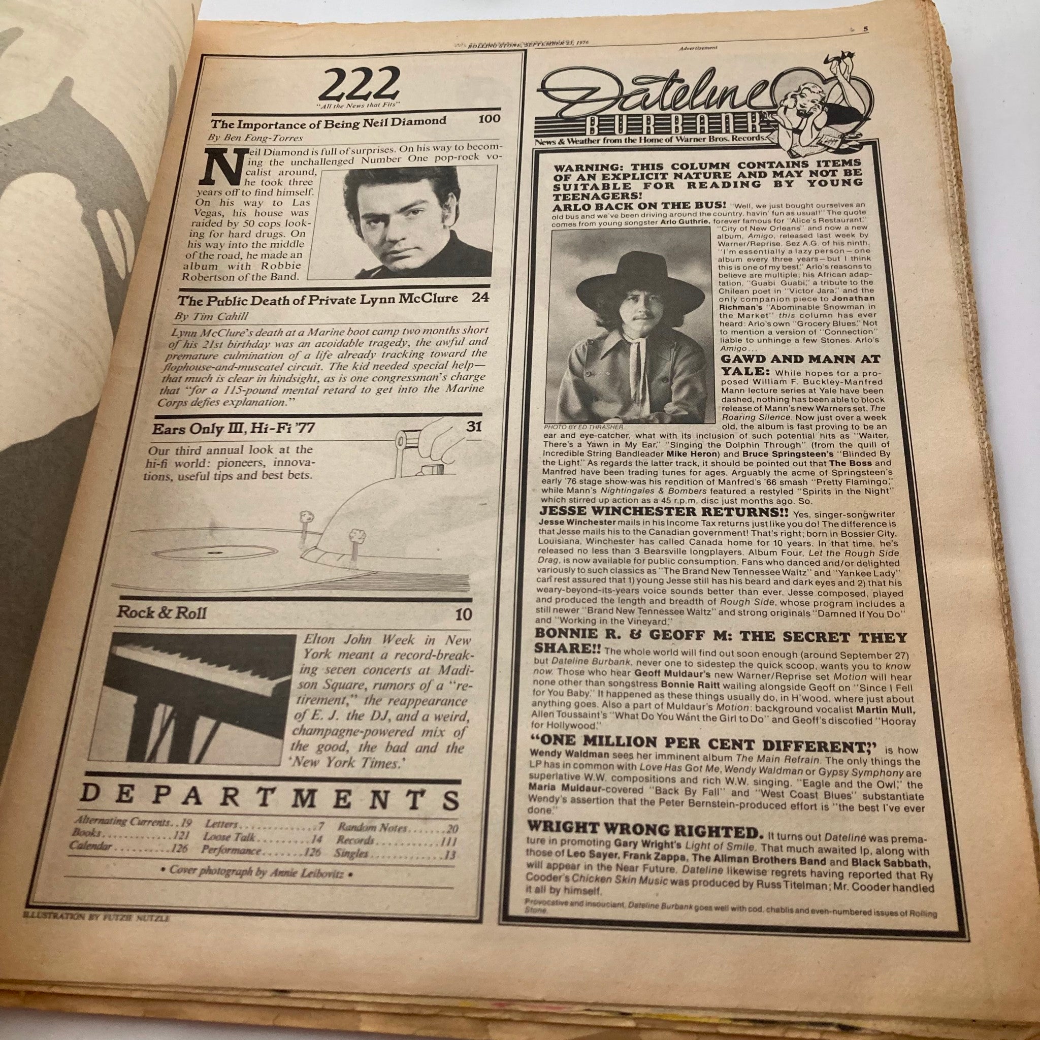 Page inside Rolling Stone Magazine September 23, 1976, Issue No. 222 highlighting articles and content summaries, including a feature on Neil Diamond.