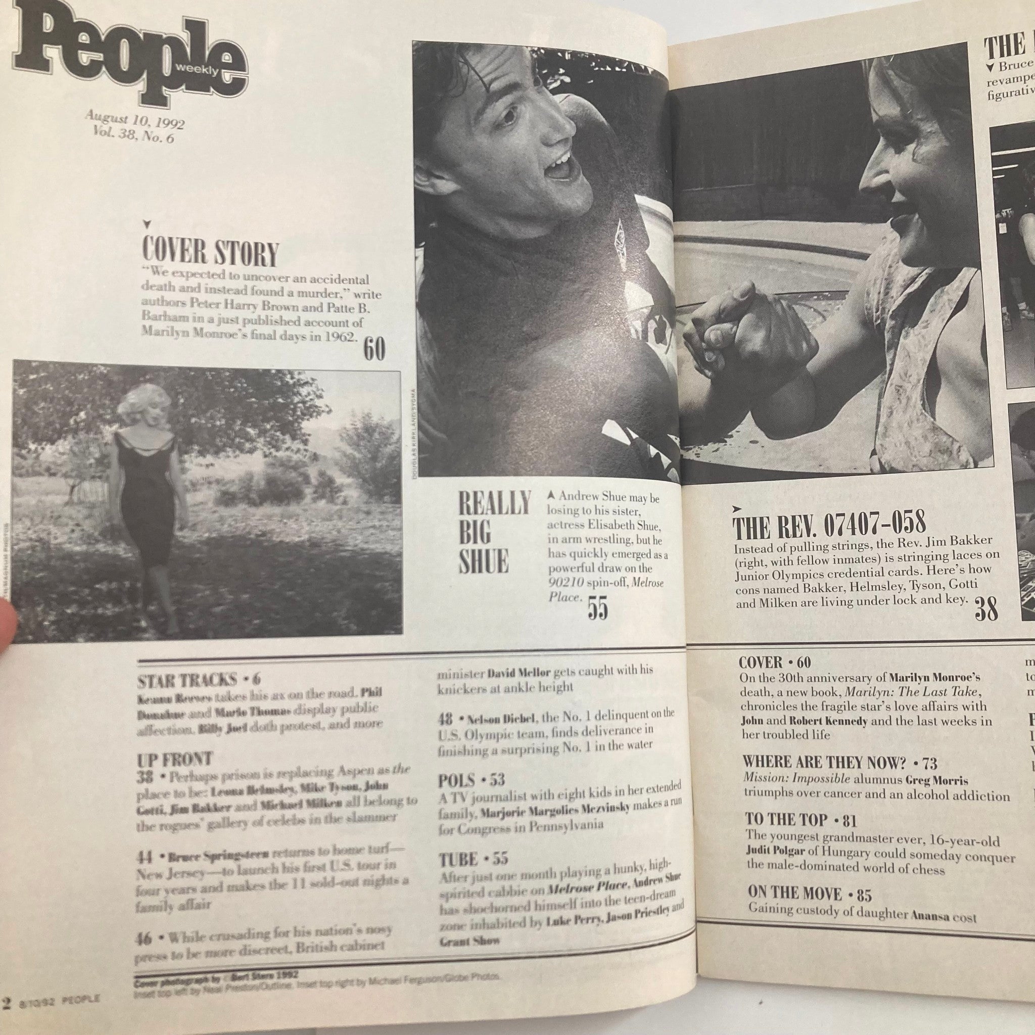 Inside page of VTG People Weekly Magazine August 10 1992 showcasing articles about Marilyn Monroe. Page includes coverage on her life and notable connections such as John F. Kennedy.