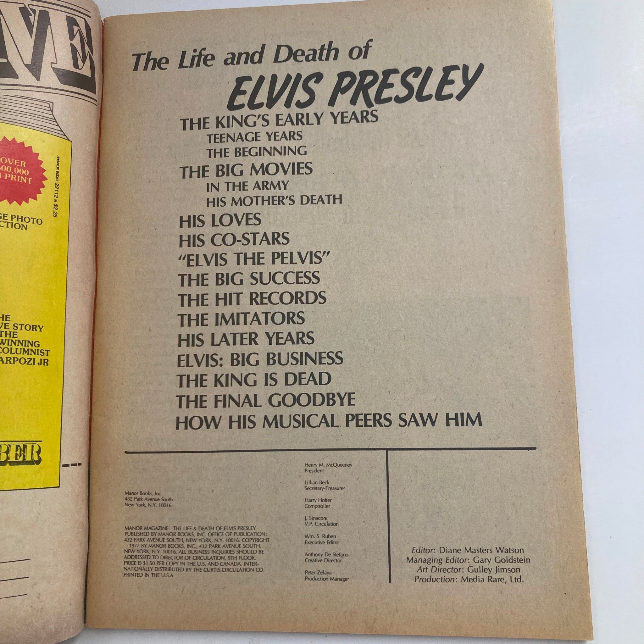 Interior page of VTG Manor Magazine 1977 featuring the article titled 'The Life and Death of Elvis Presley' with a list of chapters covering key aspects of Elvis's life.