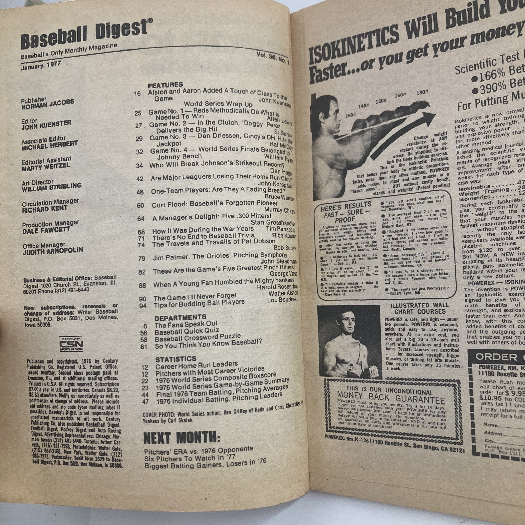 Inside page of the January 1977 VTG Baseball Digest Magazine, showcasing articles and statistics relevant to baseball, along with features about the World Series, player statistics, and upcoming highlights.