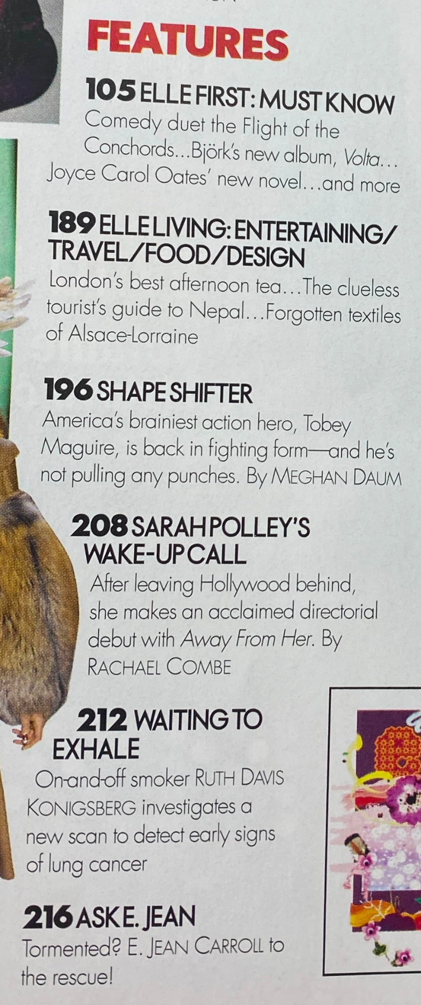 Elle Magazine June 2007 features captivating articles including Flight of the Conchords, Joyce Carol Oates, and travel highlights from London and Nepal.
