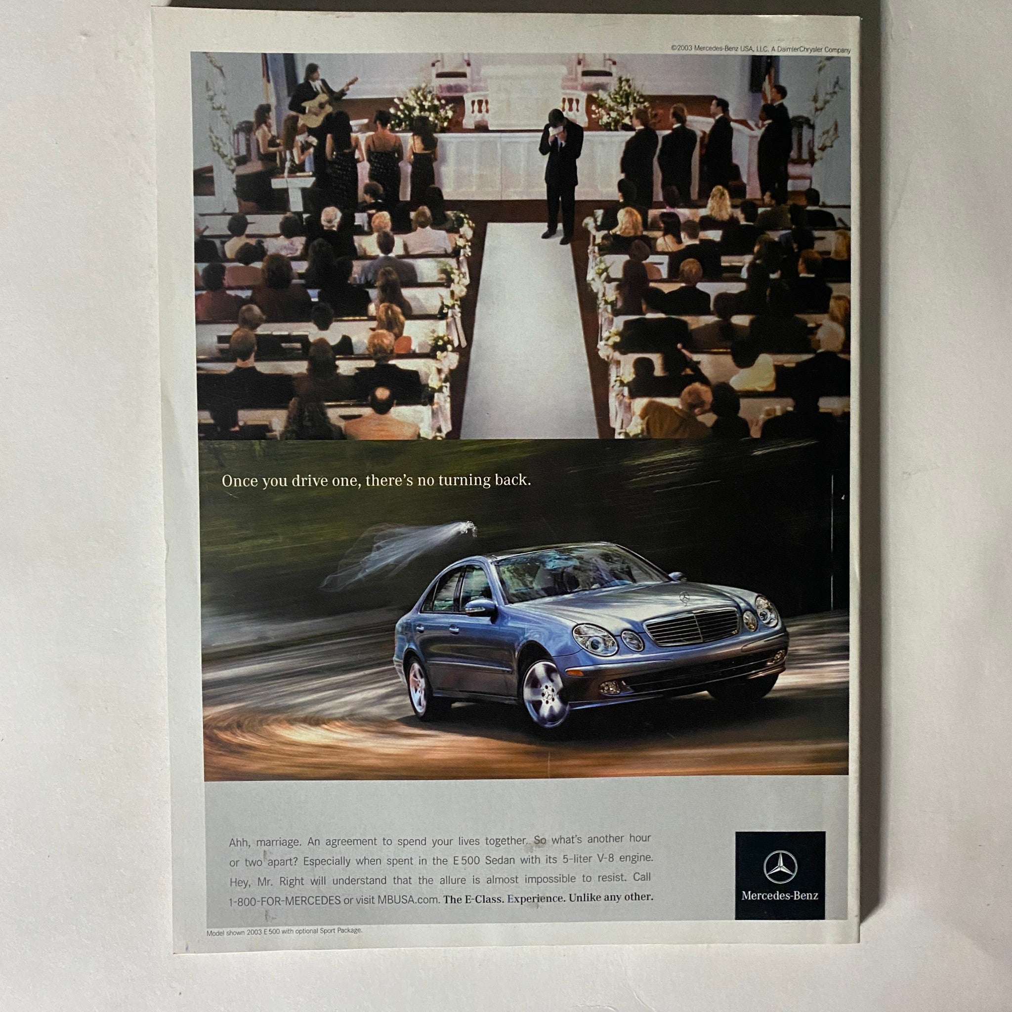 Advertisement in Elle Magazine June 2003 for Mercedes-Benz, depicting a wedding scene and a luxury car.