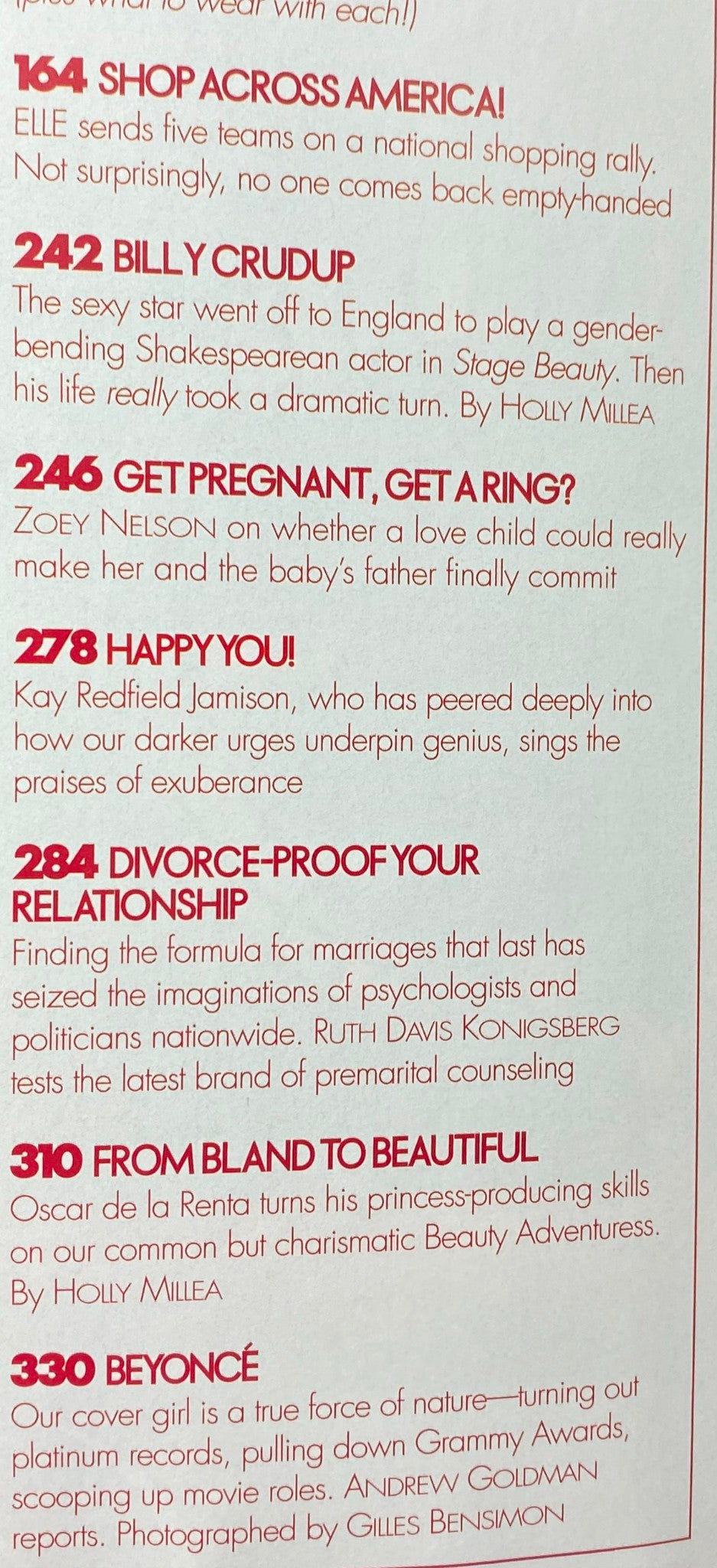 Interior page of October 2004 Elle Magazine discussing shop culture, featuring Billy Crudup's interview and relationship advice.