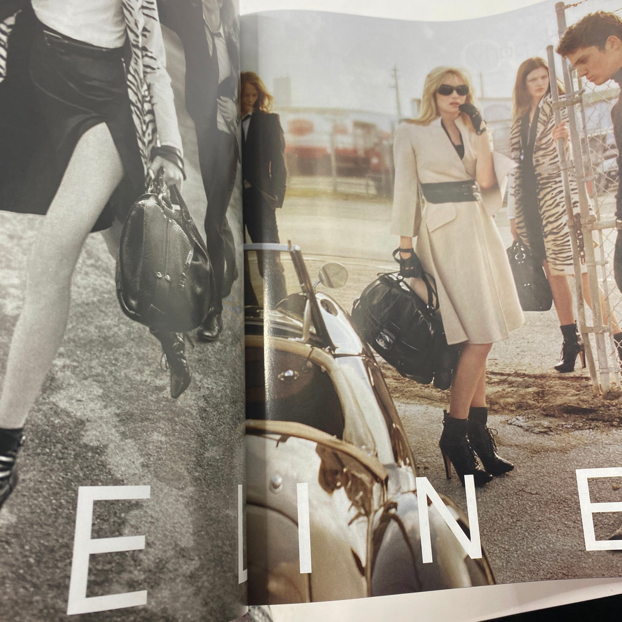 Black and white editorial spread from Elle Magazine August 2007 showcasing high fashion looks and models with chic accessories in an urban setting.