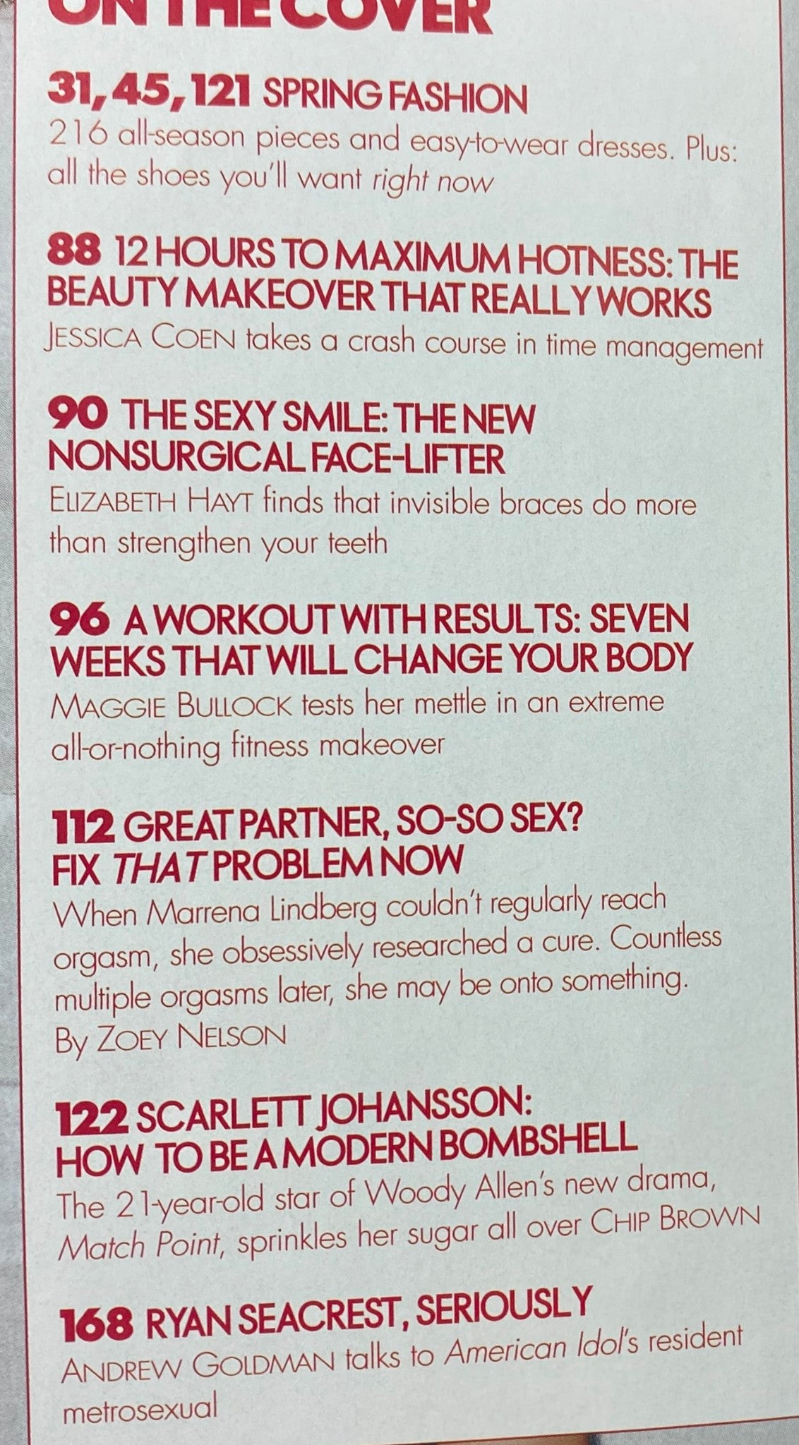 Inside page of Elle Magazine January 2006 showcasing article highlights, including beauty makeover tips, Spring Fashion, and features on Scarlett Johansson.