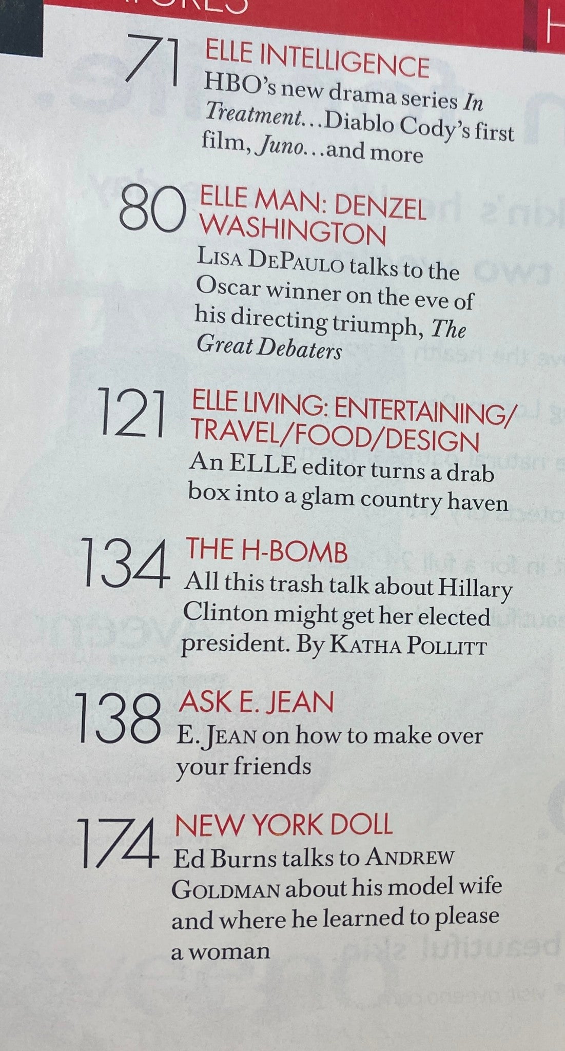 Interior page of Elle Magazine January 2008, featuring articles including a profile on Denzel Washington and discussions on contemporary political issues.