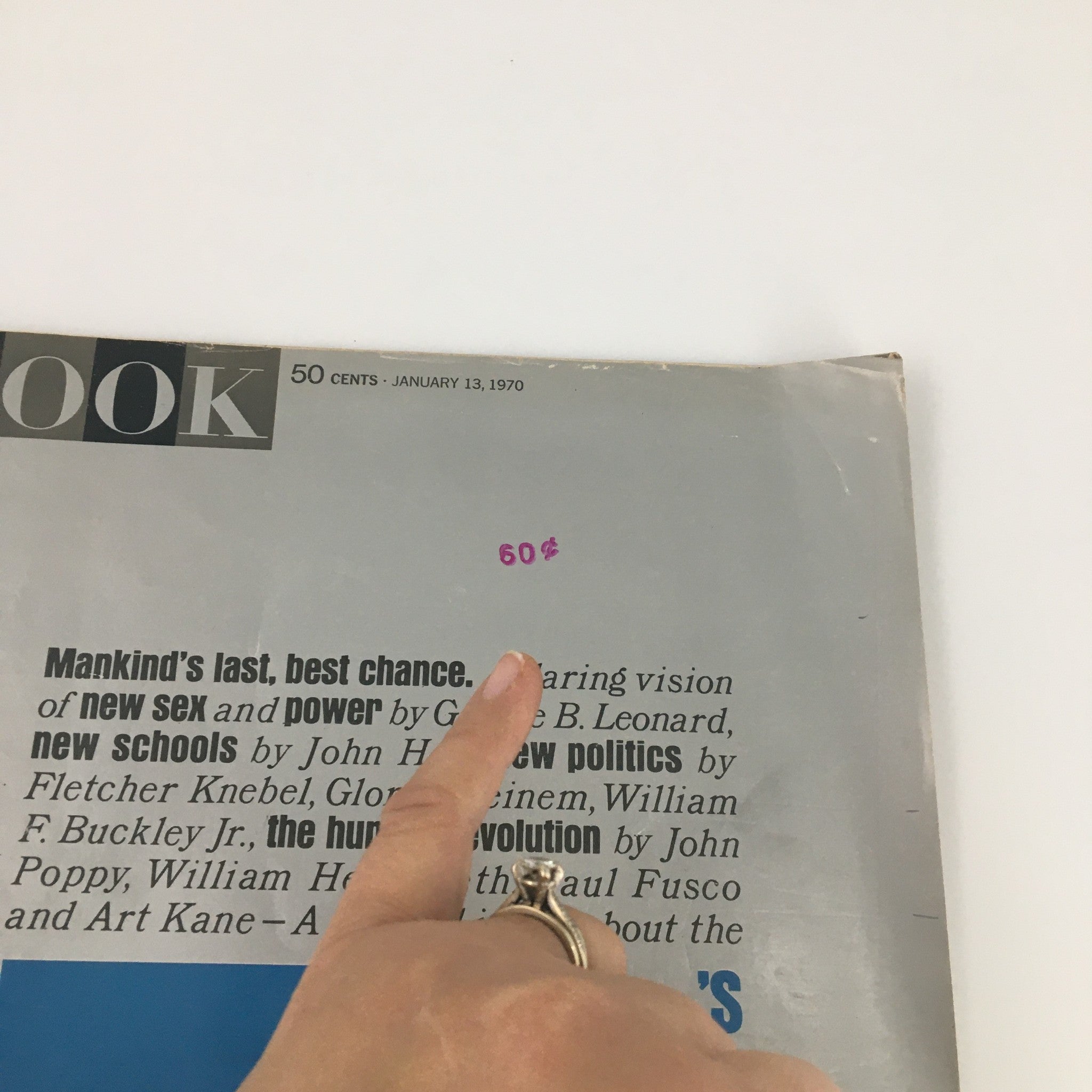 Close-up view of the cover of VTG Look Magazine January 13 1970 featuring the title 'The Human Revolution' by John Poppy, highlighting pricing and editorial details, in fair condition.