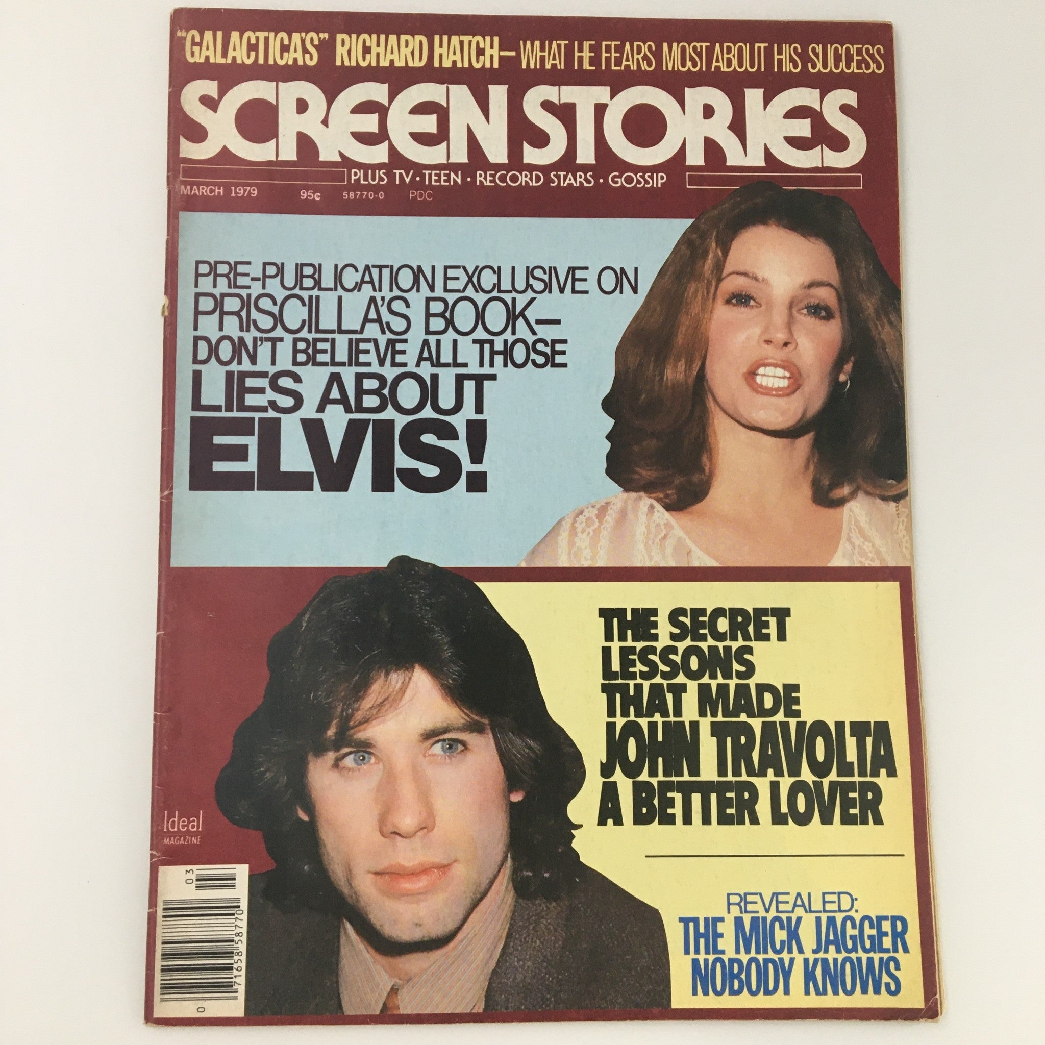 VTG Screen Stories Magazine March 1979 featuring Priscilla Presley and John Travolta on the cover, highlighting a pre-publication exclusive on Priscilla's book.