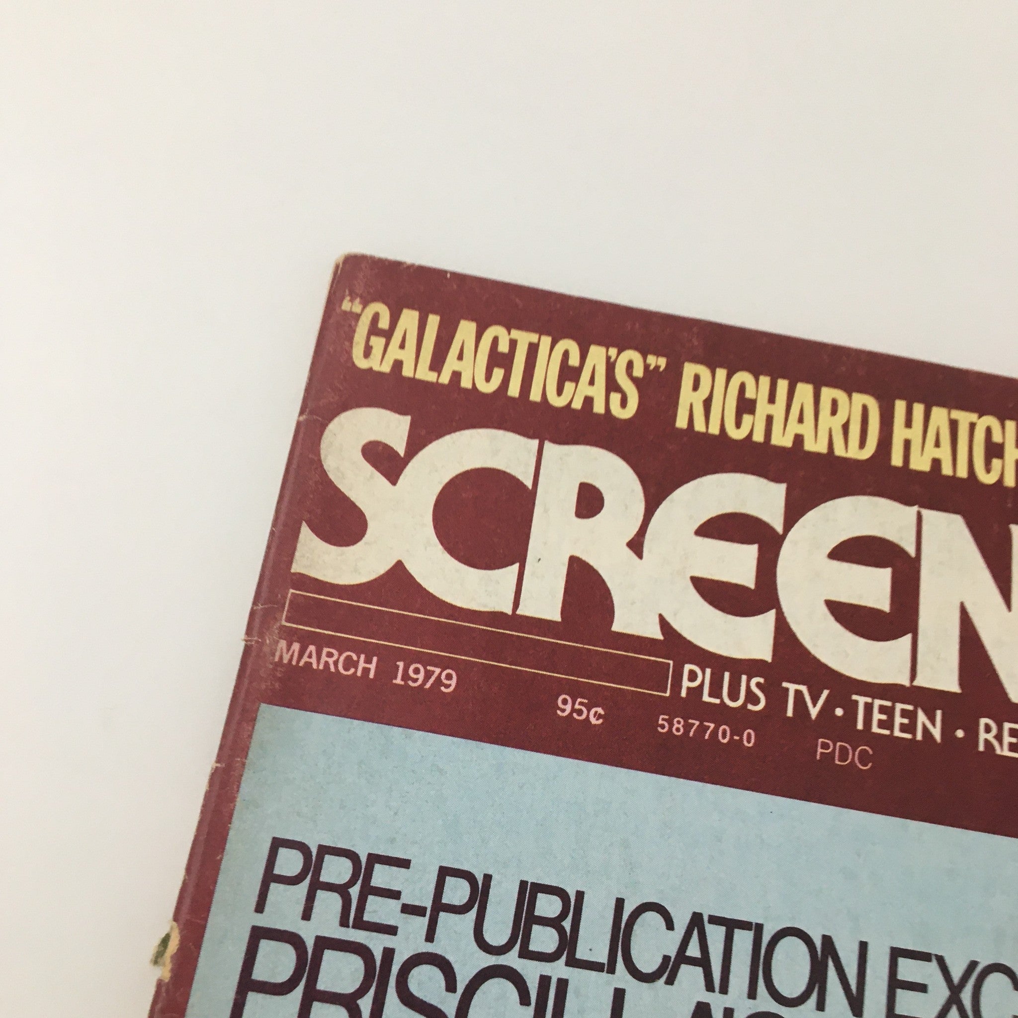 Close-up of the cover of VTG Screen Stories Magazine March 1979, showcasing the title and details, including an exclusive feature on Priscilla Presley's book.