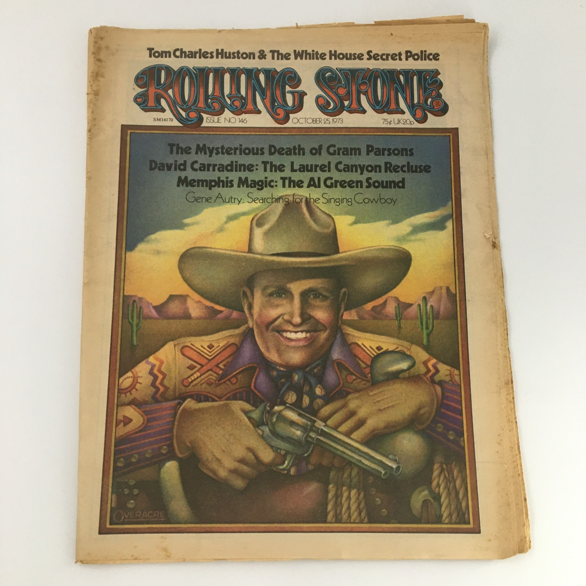 Vintage Rolling Stone Magazine from October 25, 1973 featuring Gene Autry on the cover, showcasing a colorful illustration of the 'Singing Cowboy' with a revolver, highlighting the cultural impact of country music and rock during the era.