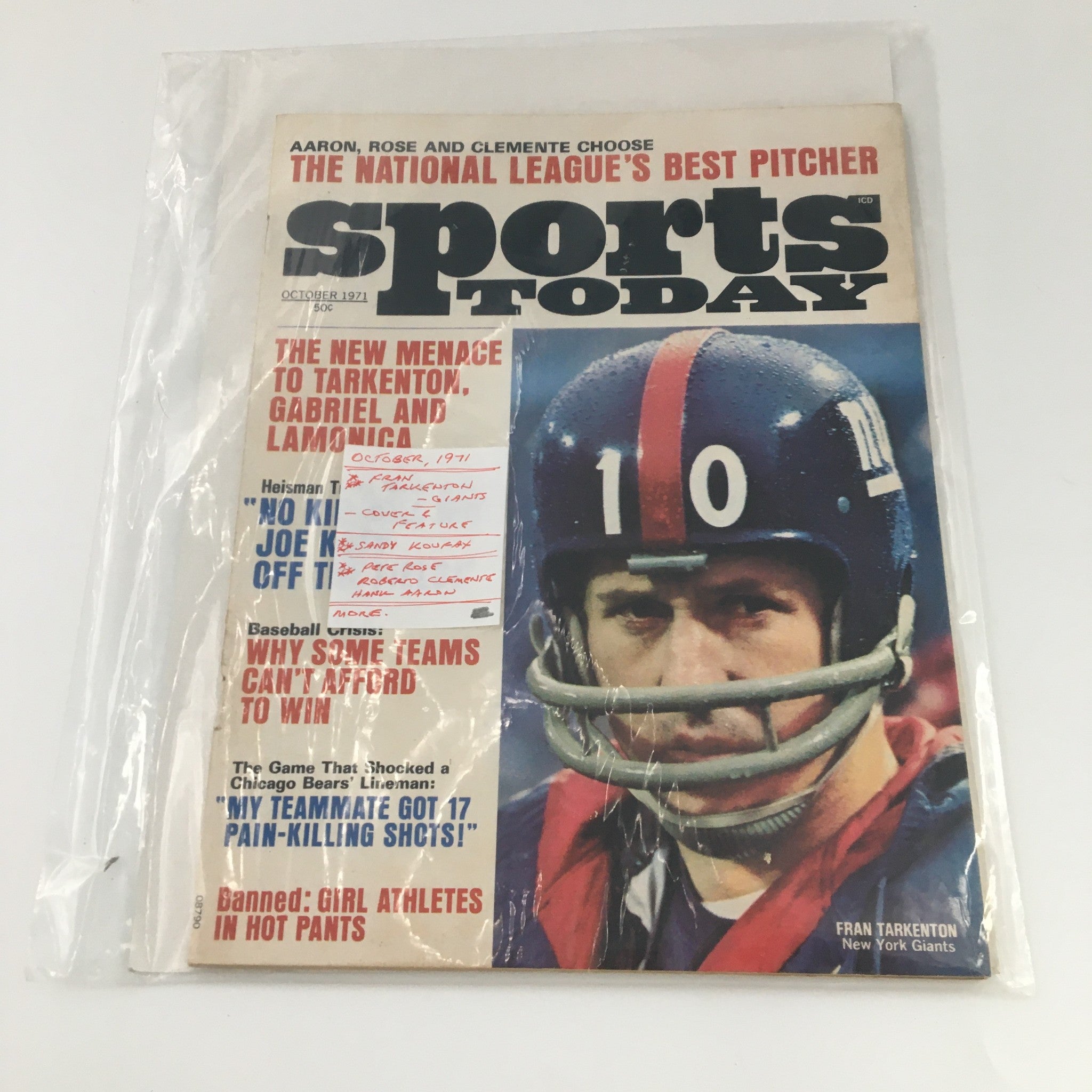 VTG Sports Today Magazine October 1971 in protective plastic, featuring Frank Tarkenton on the cover, ideal for collectors.