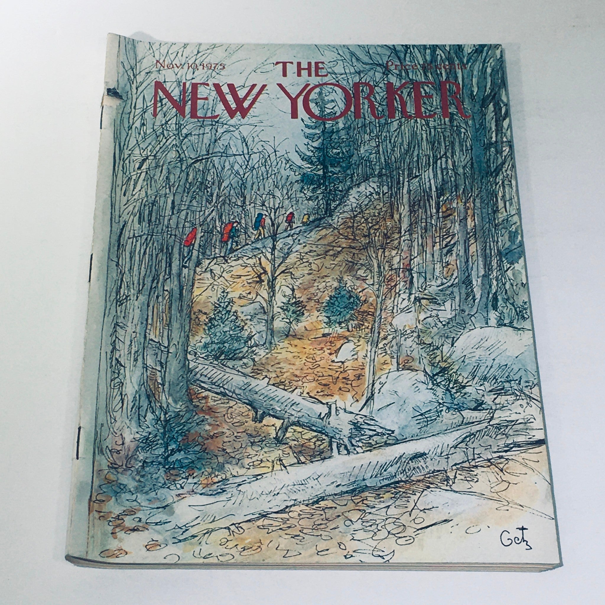 The New Yorker Magazine November 10, 1975 cover art by Arthur Getz showcasing a serene landscape with autumn foliage, featuring a pathway lined with colorful trees and rocks, highlighting the essence of nature.