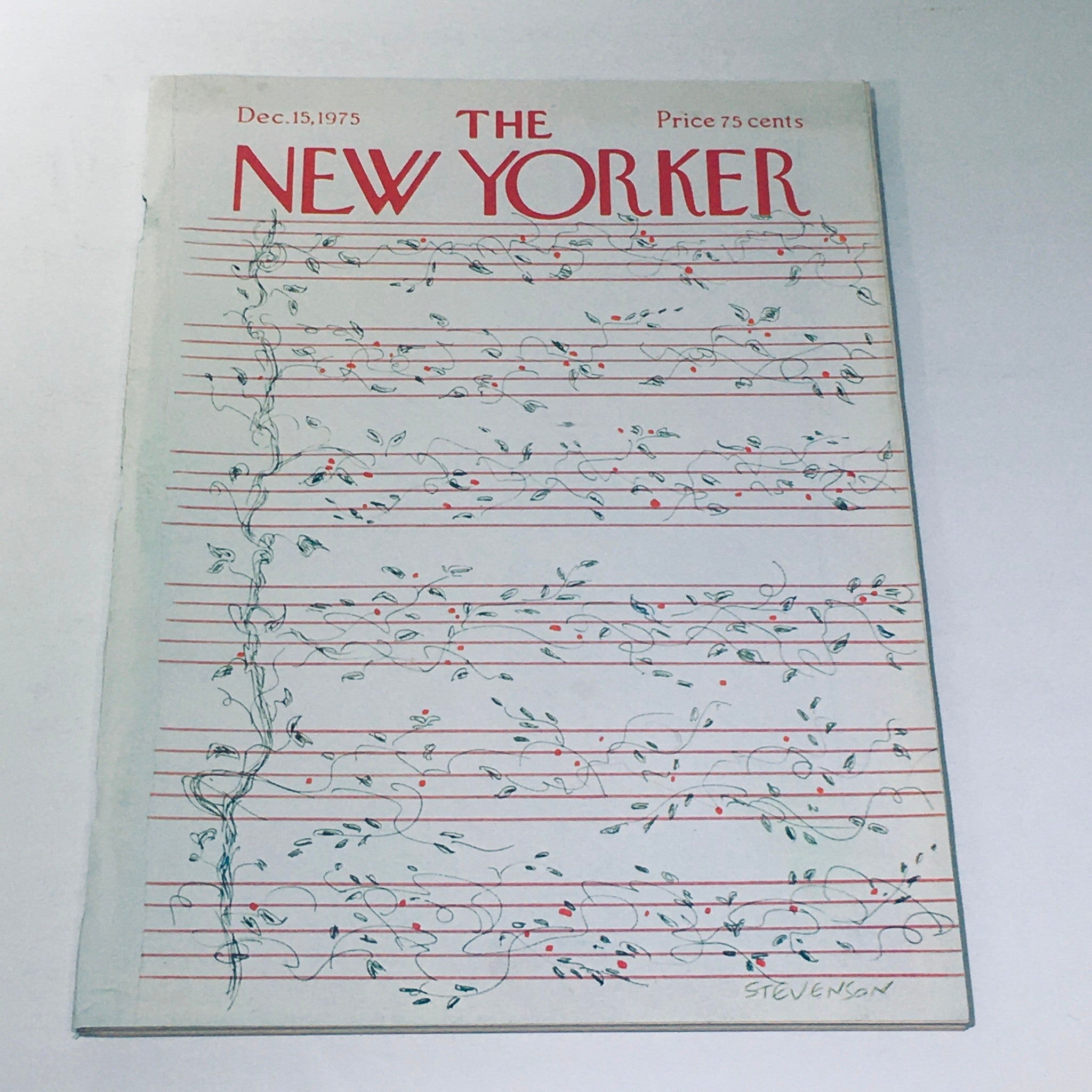 The New Yorker Magazine December 15 1975 cover featuring a delicate illustration by James Stevenson, with musical lines and vines creating an artistic design.