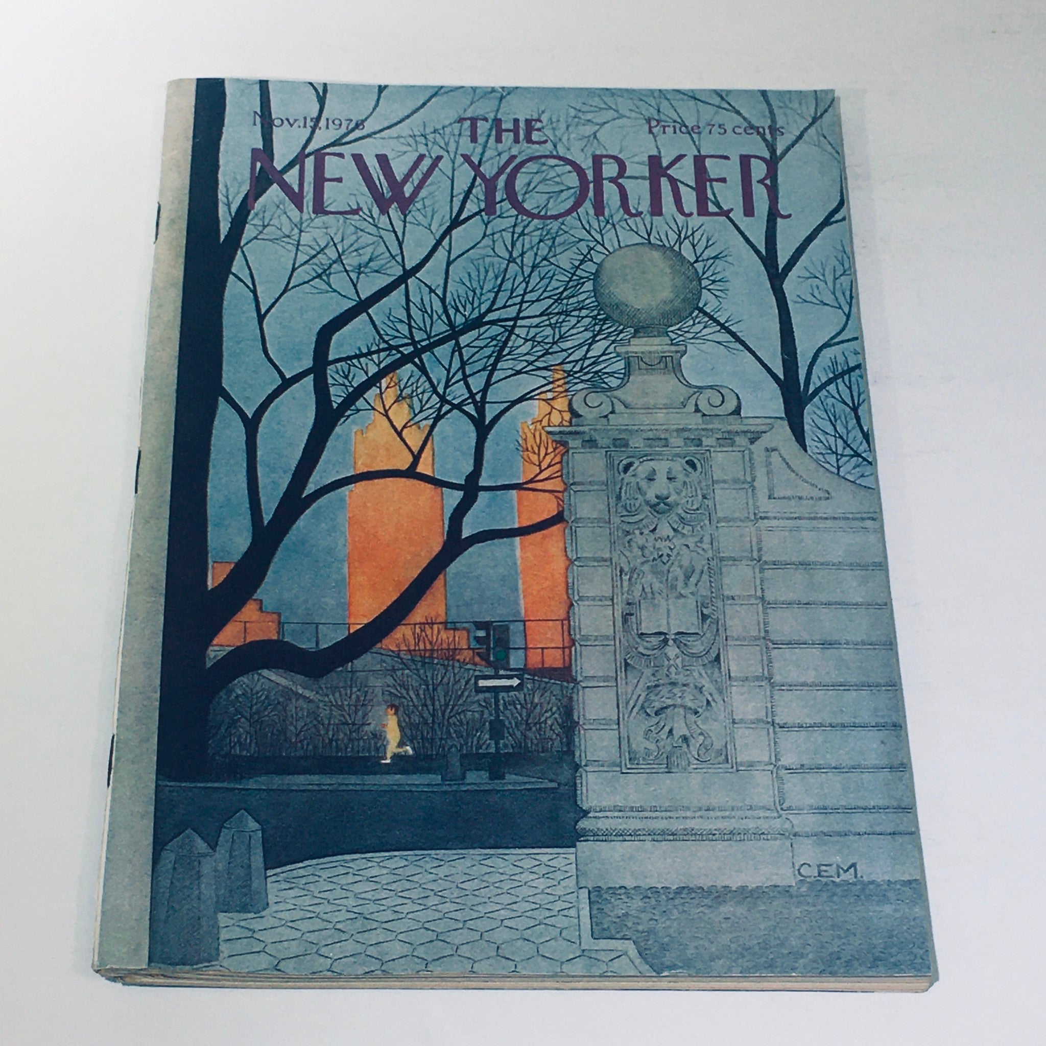 Cover of The New Yorker Magazine from November 15, 1976, featuring 'Central Park Sunset' artwork by Charles E. Martin, showcasing a dusky urban scene with trees and hint of city lights.