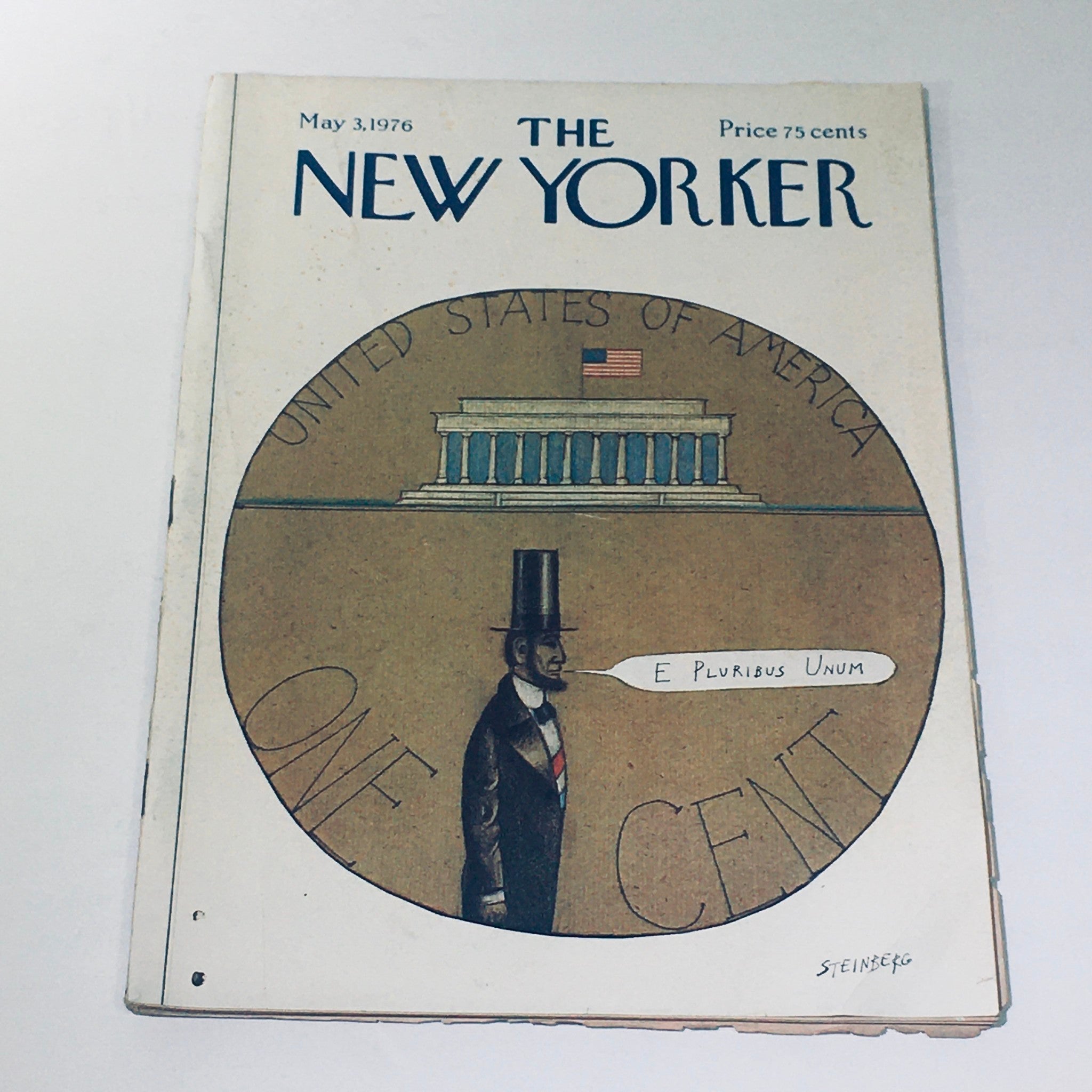 The New Yorker Magazine May 3 1976 featuring a full theme cover by Saul Steinberg, depicting a cartoon version of Abraham Lincoln beside the Lincoln Memorial, with the title and date prominently displayed.