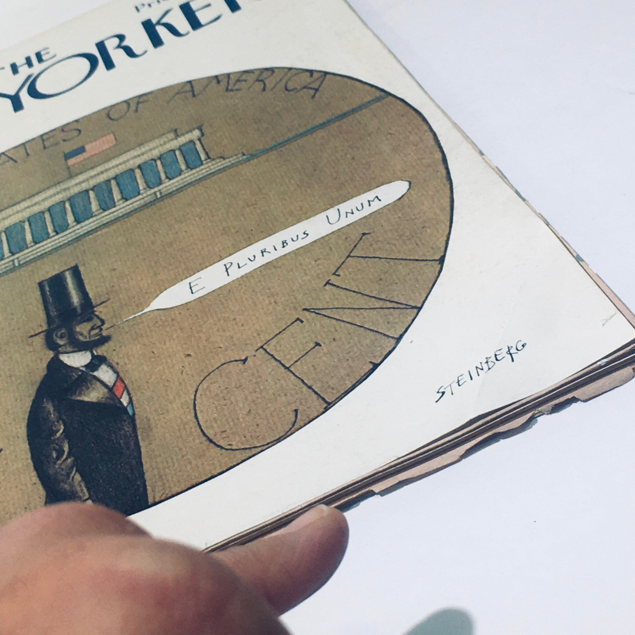 The New Yorker Magazine May 3 1976 Full Theme Cover designed by Saul Steinberg, featuring a prominent character in a top hat, with artistic elements and the phrase 'E Pluribus Unum' visible.