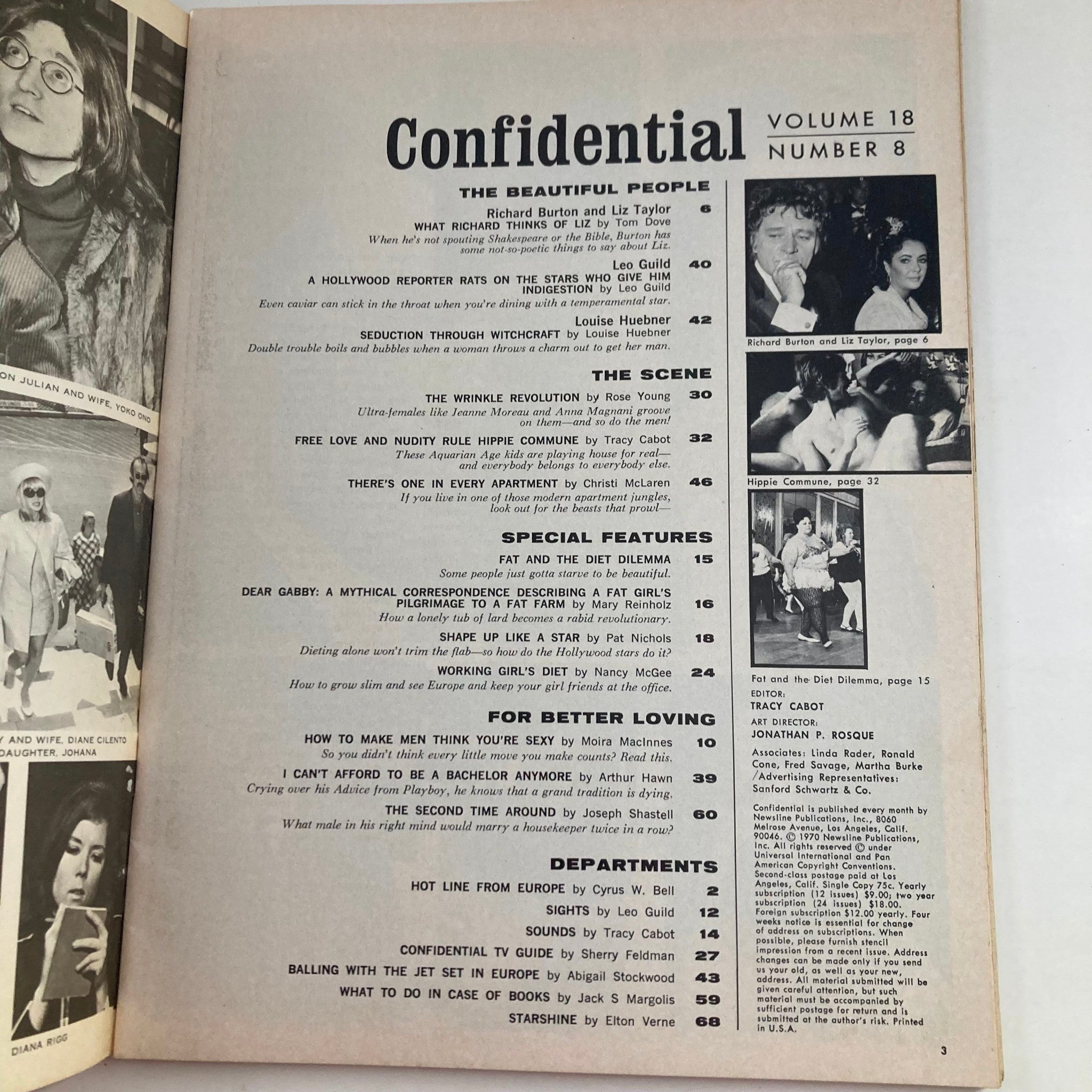 Interior page of VTG Confidential Magazine August 1970 Vol 18 No. 8 showcasing contents including articles about Richard Burton, Liz Taylor, and special features on dieting and relationships.