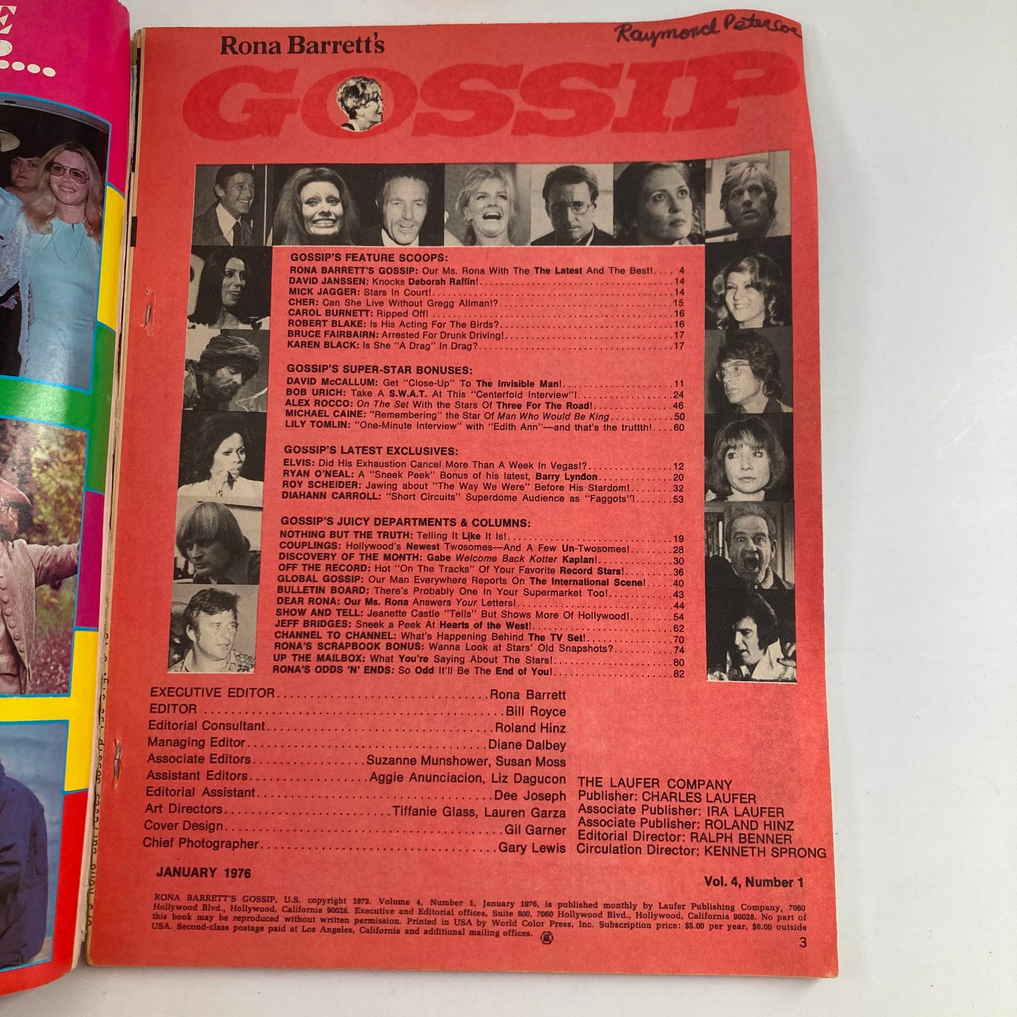 Inside page of VTG Rona Barrett's Gossip Magazine January 1976 showcasing featured scoops and celebrity listings.
