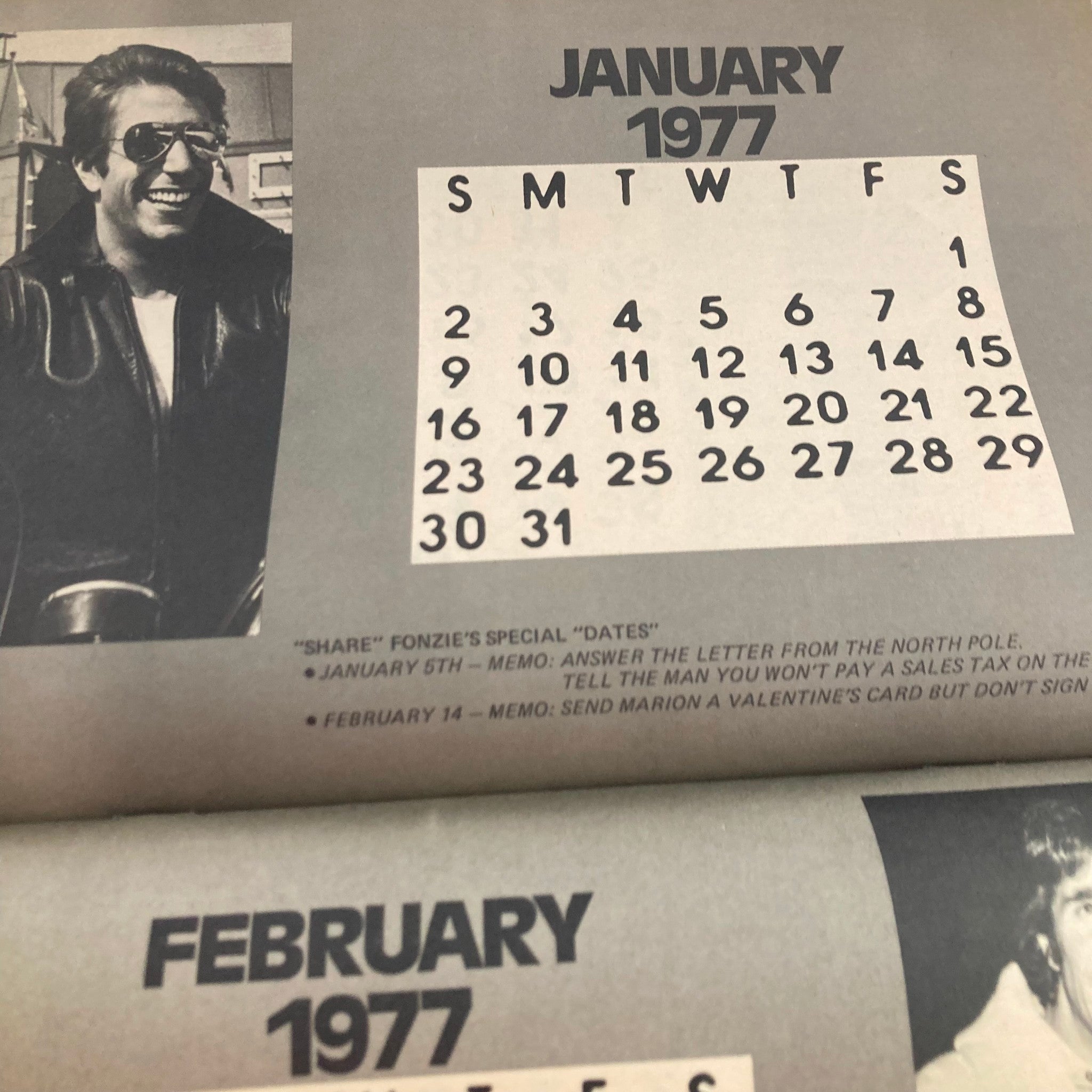 January 1977 calendar page from VTG Fonzie's Love Book Magazine August 1976, including special notes and a photo of Henry Winkler as Fonzie.