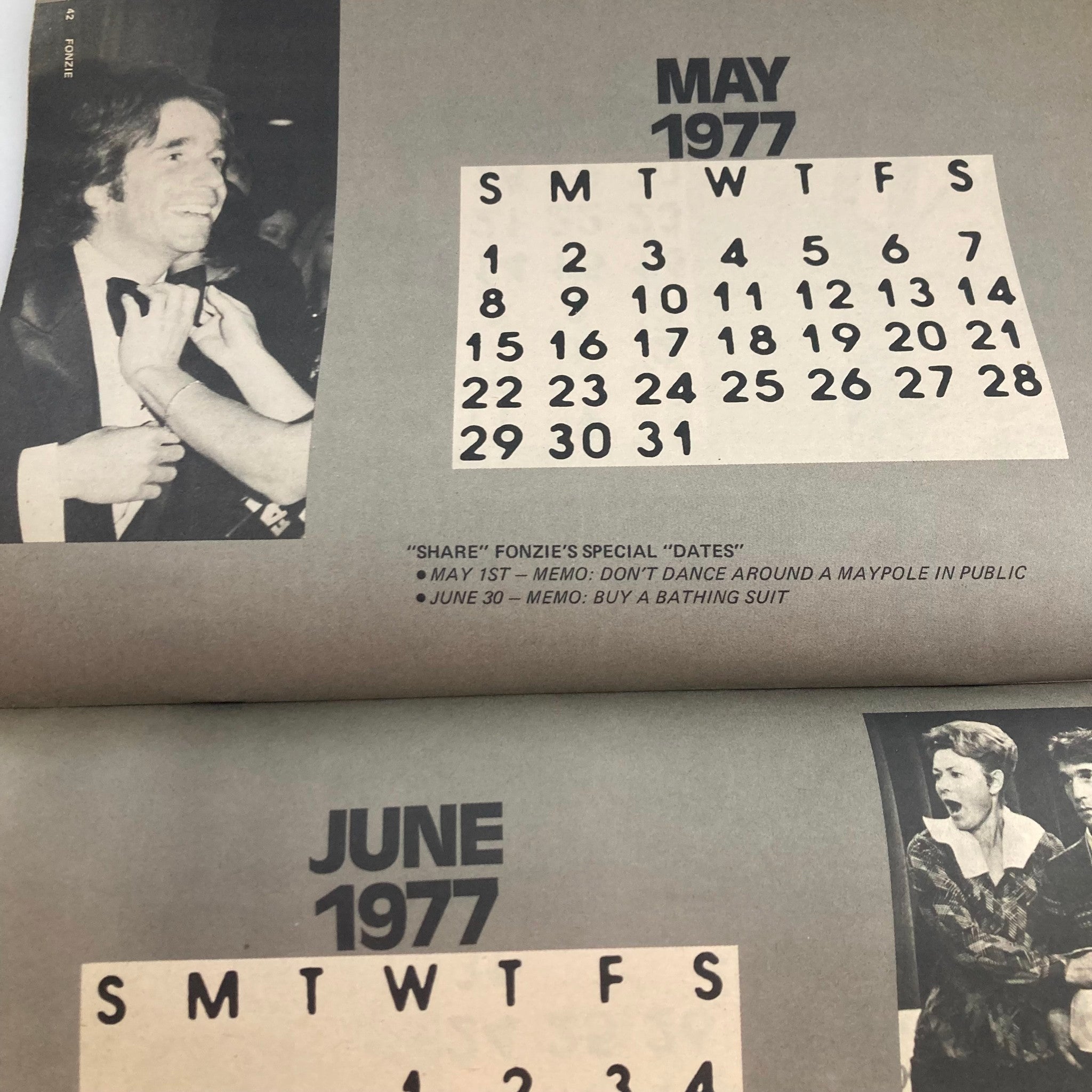 May 1977 calendar page from VTG Fonzie's Love Book Magazine August 1976, featuring special memo notes alongside an image of Henry Winkler.