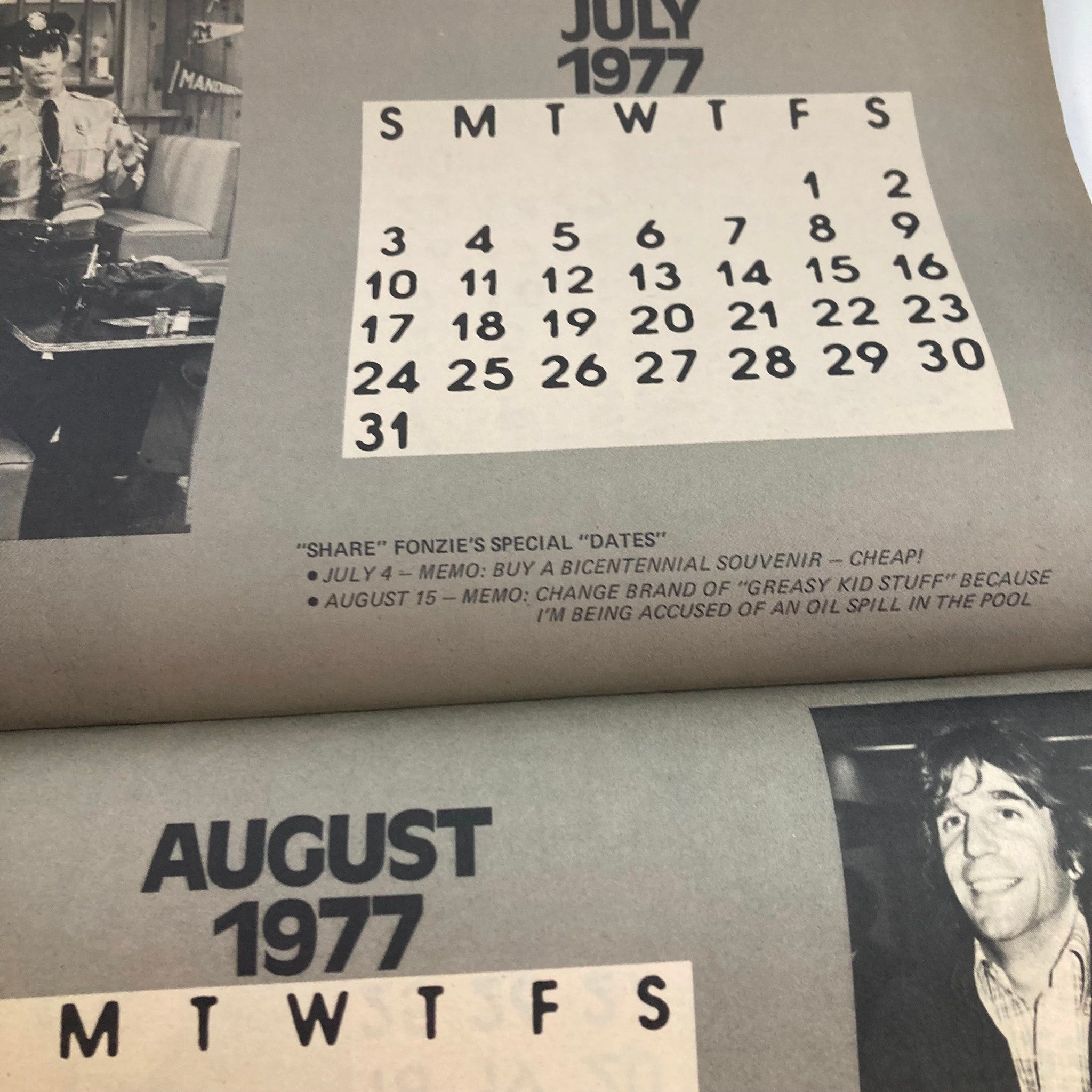 July 1977 calendar page from VTG Fonzie's Love Book Magazine August 1976, with notes and a photo of Henry Winkler, highlighting Fonzie's special dates.