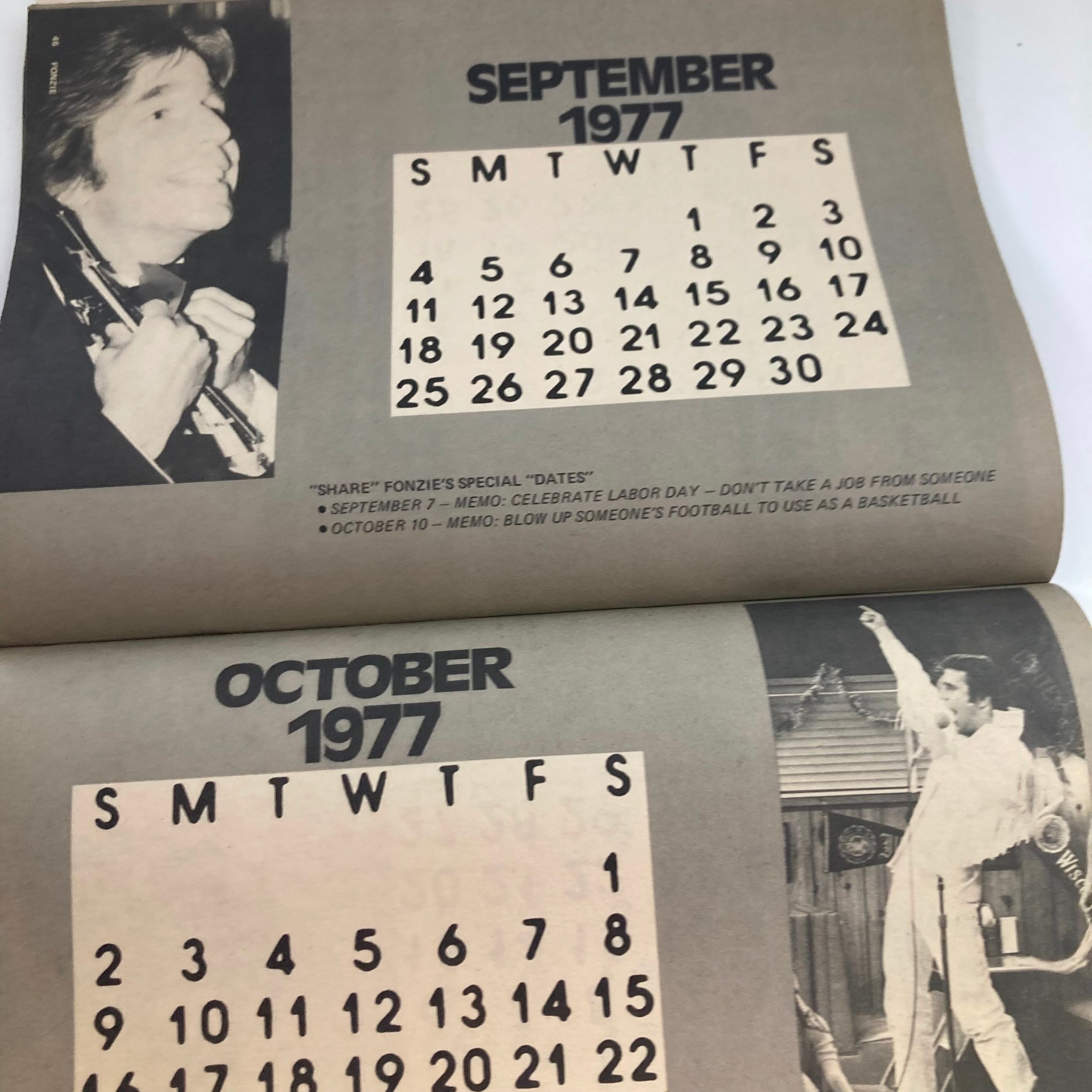 Vintage magazine page from Fonzie's Love Book, August 1976, showcasing a calendar for September and October 1977 with humorous memos about the Fonzie character.
