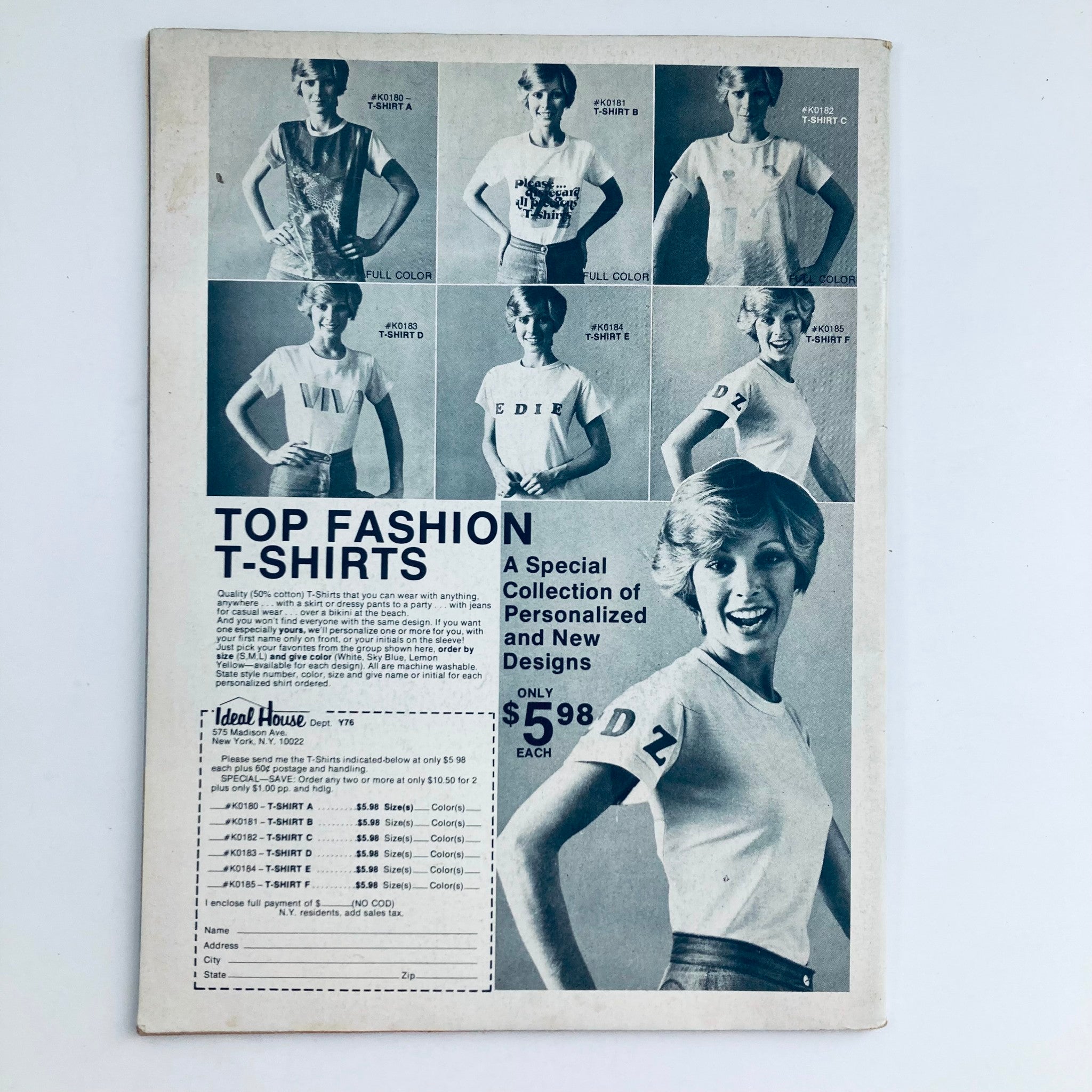 Back cover of Fonzie's Love Book, August 1976, displaying an advertisement for top fashion t-shirts, highlighting new designs and personalized options.