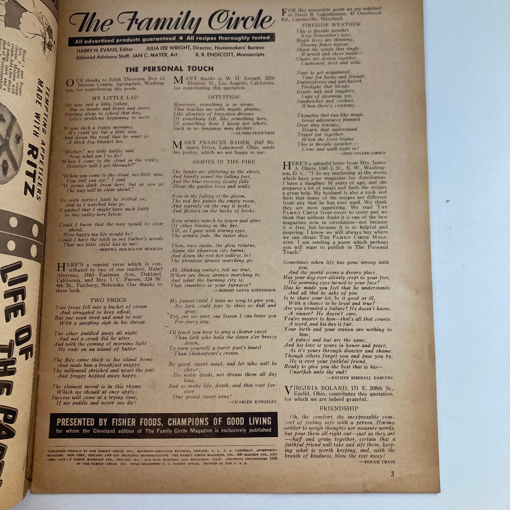 Interior page of the VTG The Family Circle Magazine from November 25, 1938, showcasing articles and features from that era, including poetry and personal notes, providing a glimpse into late 1930s American culture.