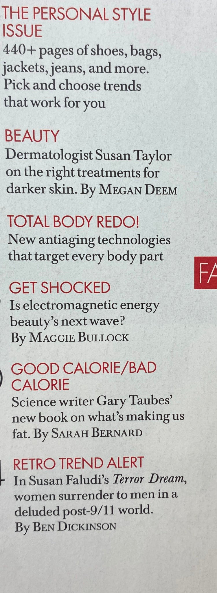 Interior page of Elle Magazine October 2007 highlighting sections on beauty treatments by dermatologist Susan Taylor and anti-aging technologies.