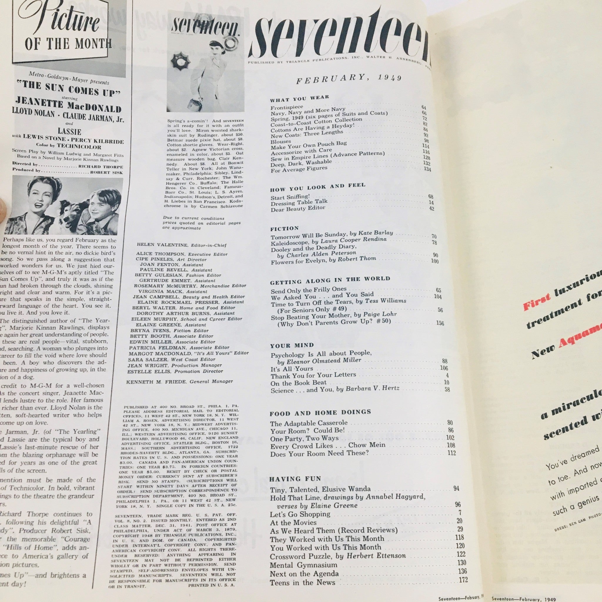 Interior page of Seventeen Magazine February 1949, featuring the contents page with a list of articles, showcasing the magazine's engaging topics and design.