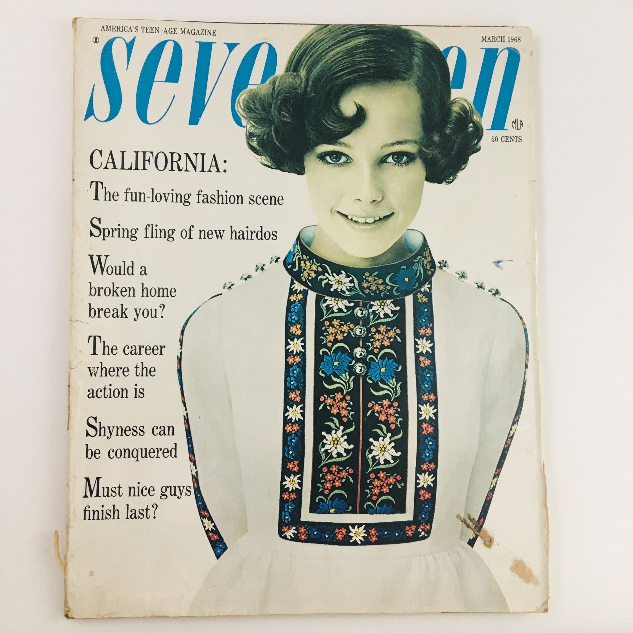 Seventeen Magazine March 1968 Spring Fling of New Hairdos No Label cover showcasing a young woman with stylish hair and ethnic floral embroidered clothing, capturing the essence of the fashion trends of the late 1960s.