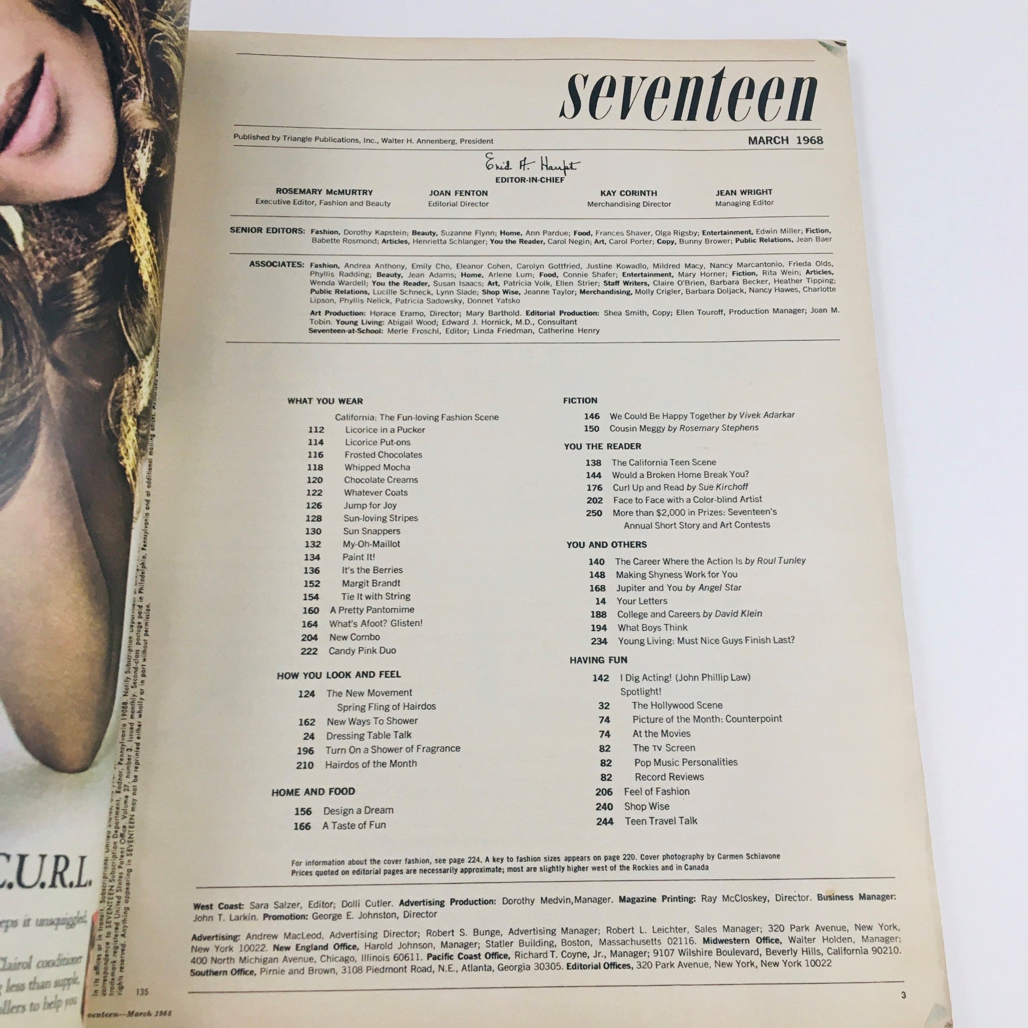 Contents page from Seventeen Magazine March 1968 Spring Fling of New Hairdos featuring editorial team and topics.