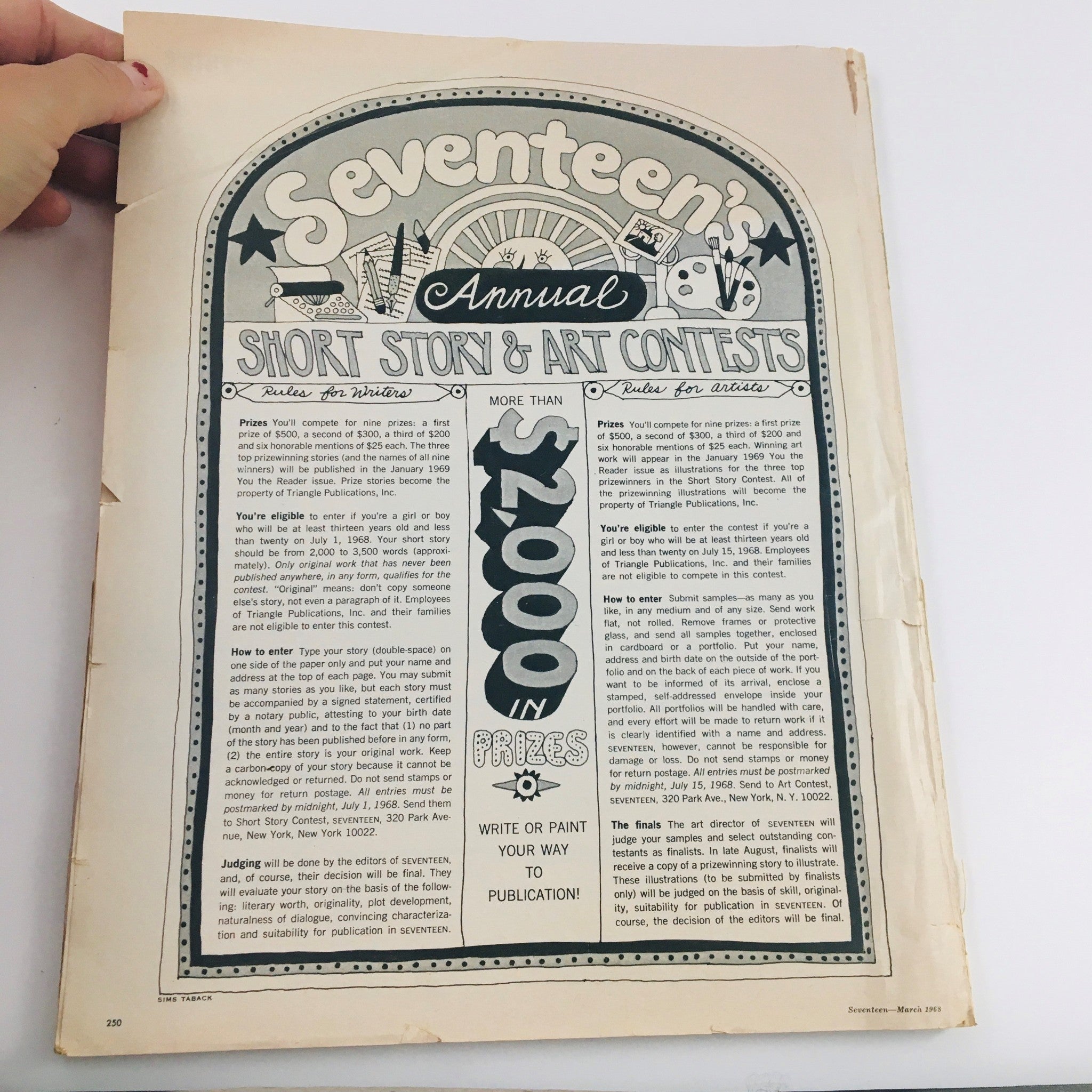 Announcement for Seventeen's Annual Short Story and Art Contests from March 1968 issue, highlighting prize details.