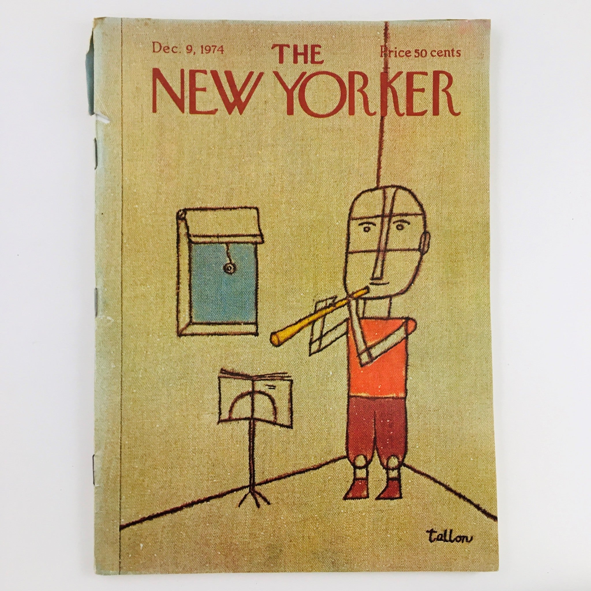The New Yorker Magazine December 9 1974 featuring a theme cover by Robert Tallon, showcasing a stylized figure playing a flute with a window in the background.
