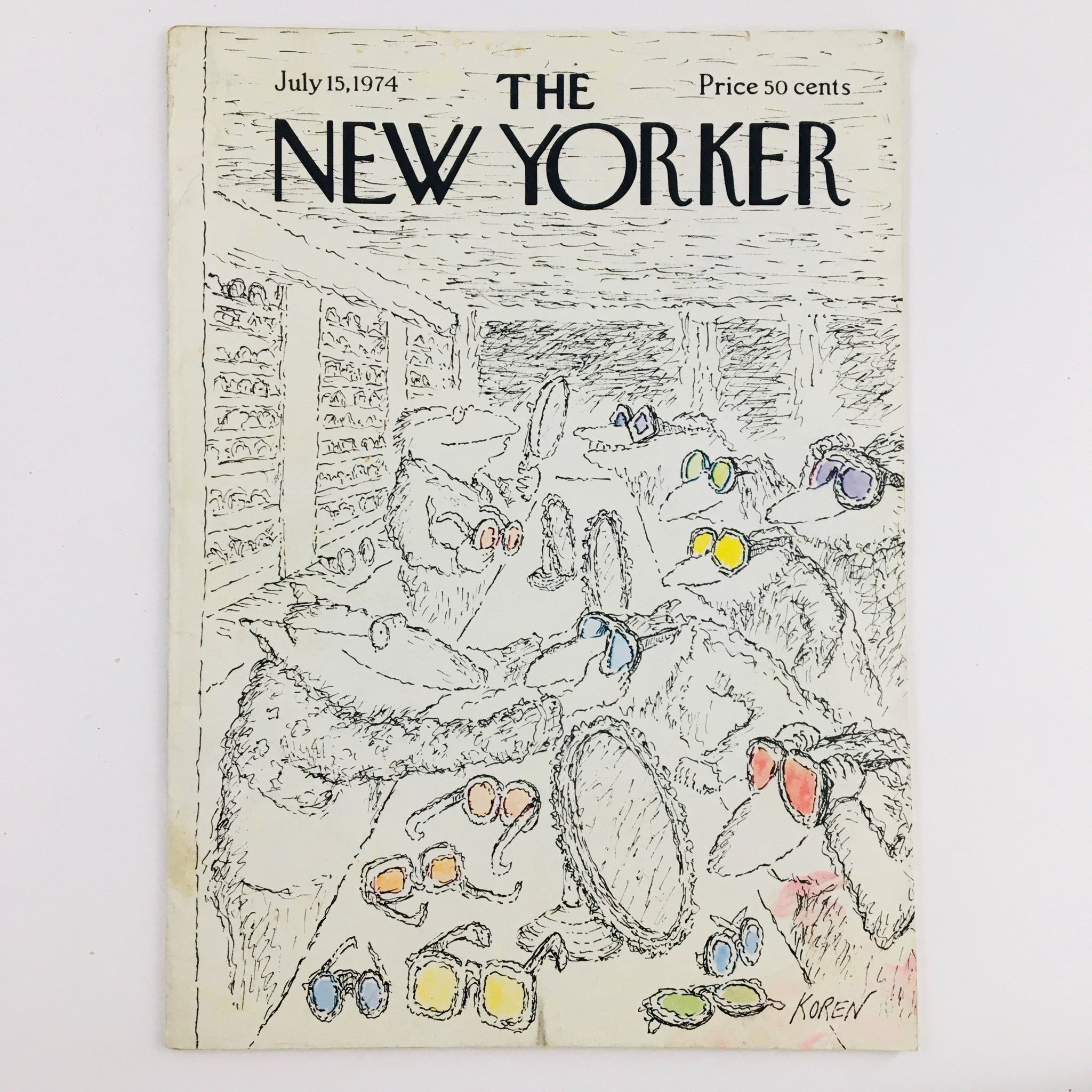 Cover of The New Yorker Magazine July 15, 1974 featuring a humorous illustration by Edward Koren depicting whimsical characters trying on sunglasses.