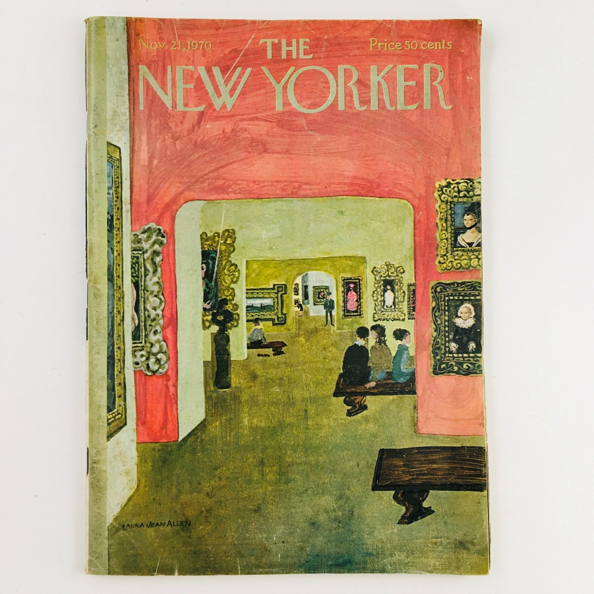 Cover of The New Yorker Magazine dated November 21, 1970, featuring artistic theme by Laura Jean Allen, showcasing a gallery with people viewing framed artworks.