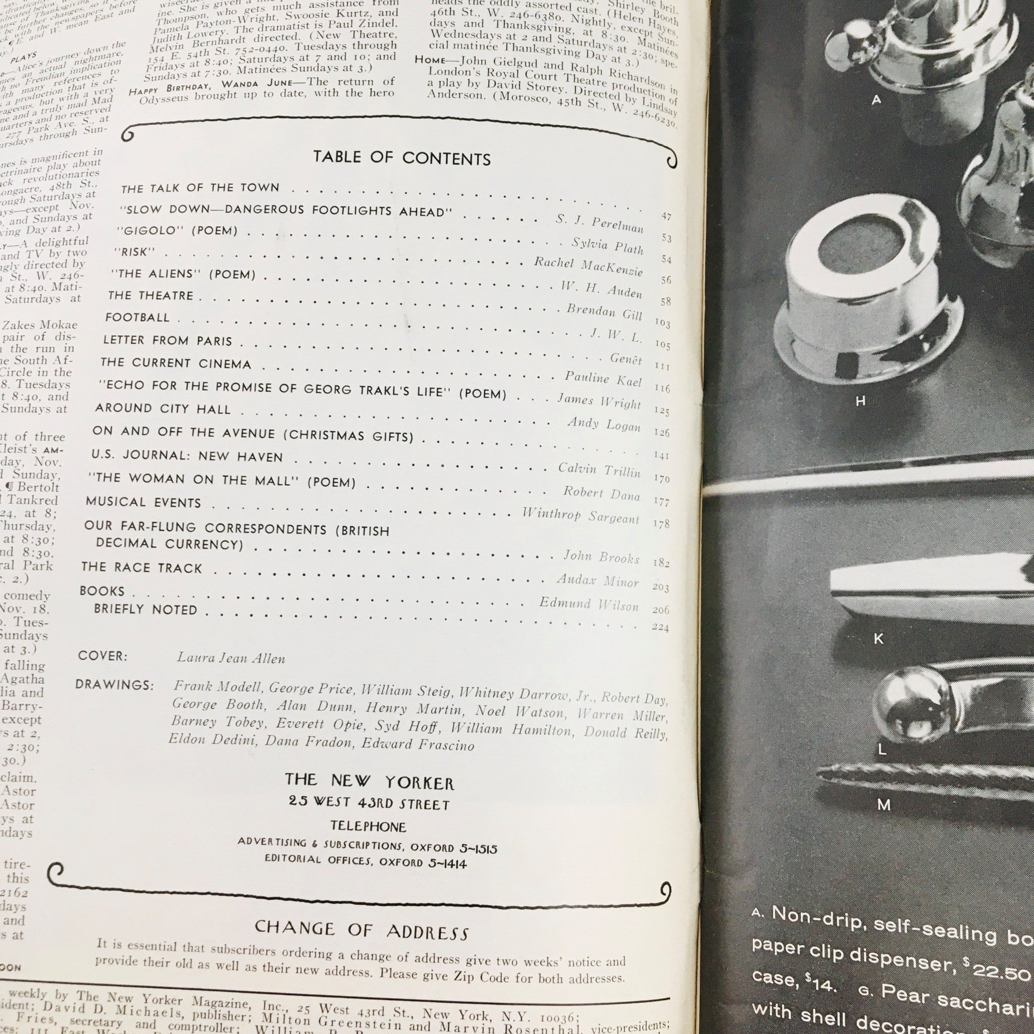 Table of contents from The New Yorker Magazine November 21, 1970 featuring cover art by Laura Jean Allen, detailing the magazine's articles and contributors.