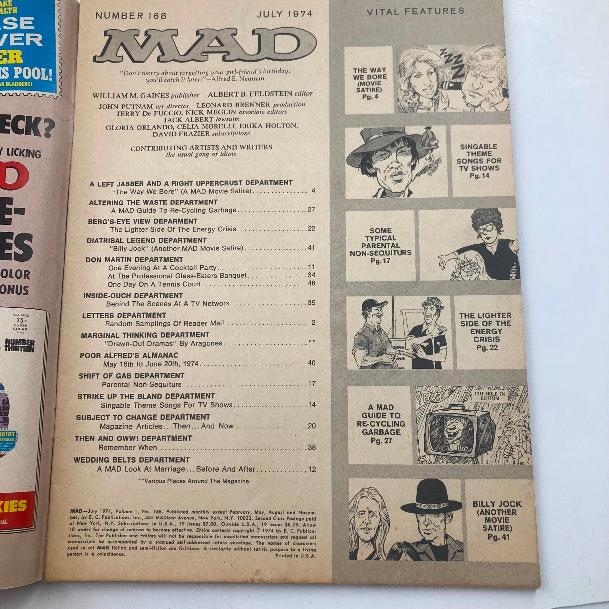 Inside page of Mad Magazine July 1974 No. 168 displaying the table of contents with various satirical features and sections reflecting the magazine's humorous take on societal issues of the time.