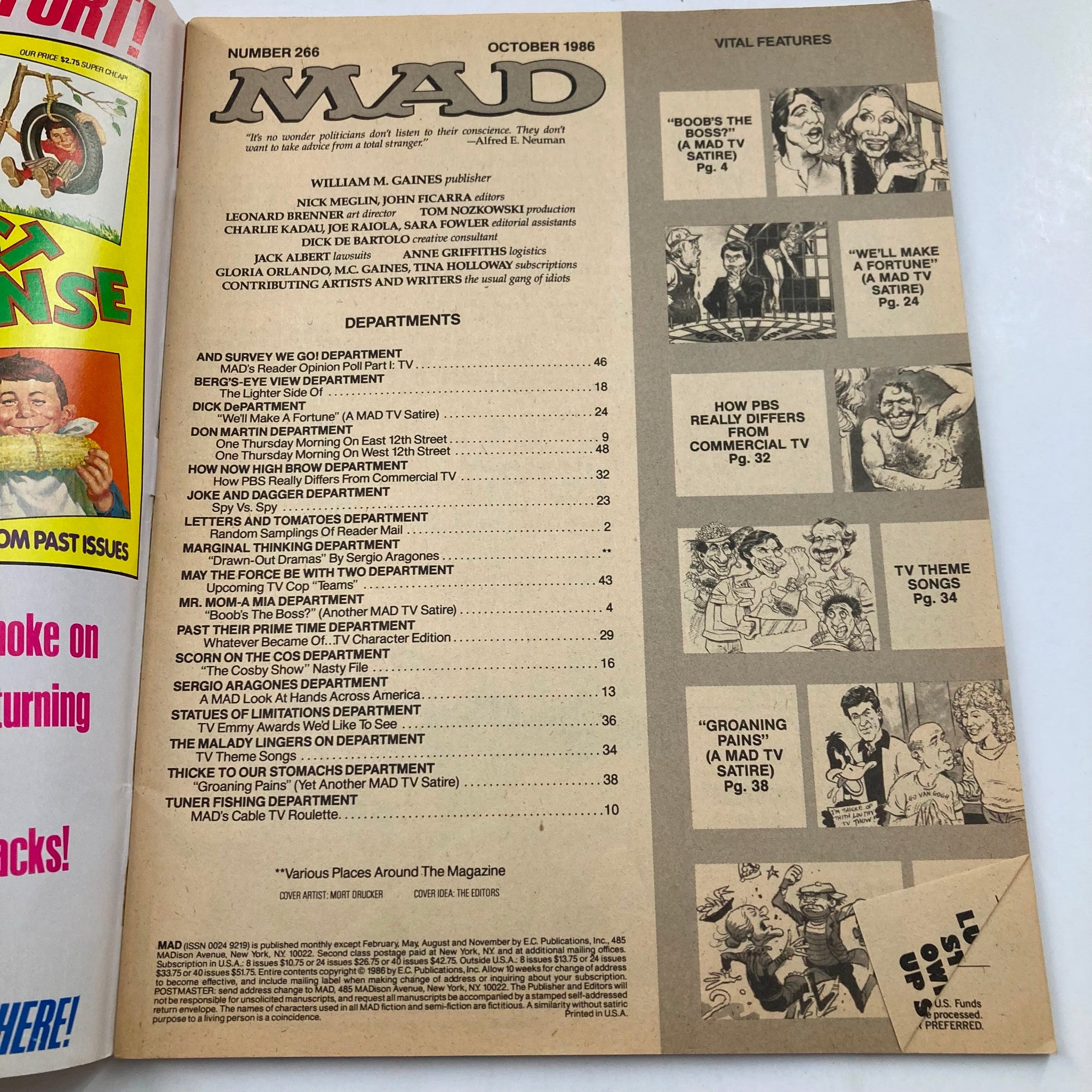 Mad Magazine October 1986 No. 266 inside page displaying the table of contents, highlighting key articles and satire about television entertainment.