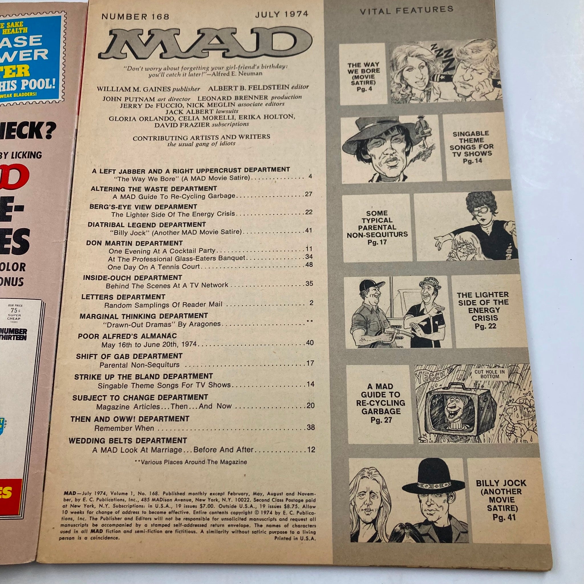 Inside page of Mad Magazine July 1974 No. 168 featuring the Table of Contents and various departments such as 'Alterting the Style Department' and 'Diatribal Legend'. This vintage magazine showcases witty satire and humor in its content.