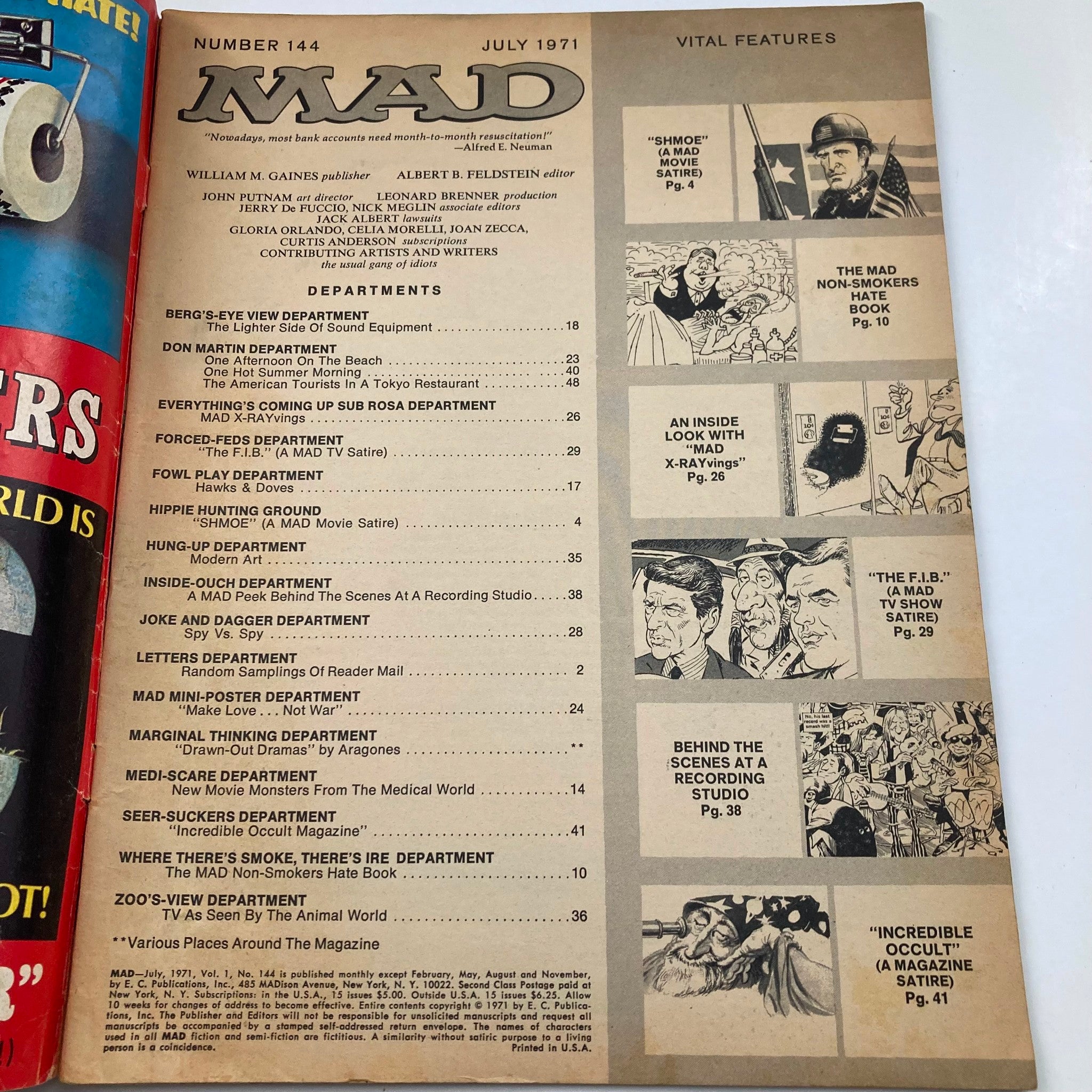 Interior page of Mad Magazine July 1971 No. 144 detailing its table of contents and various departments within the magazine.