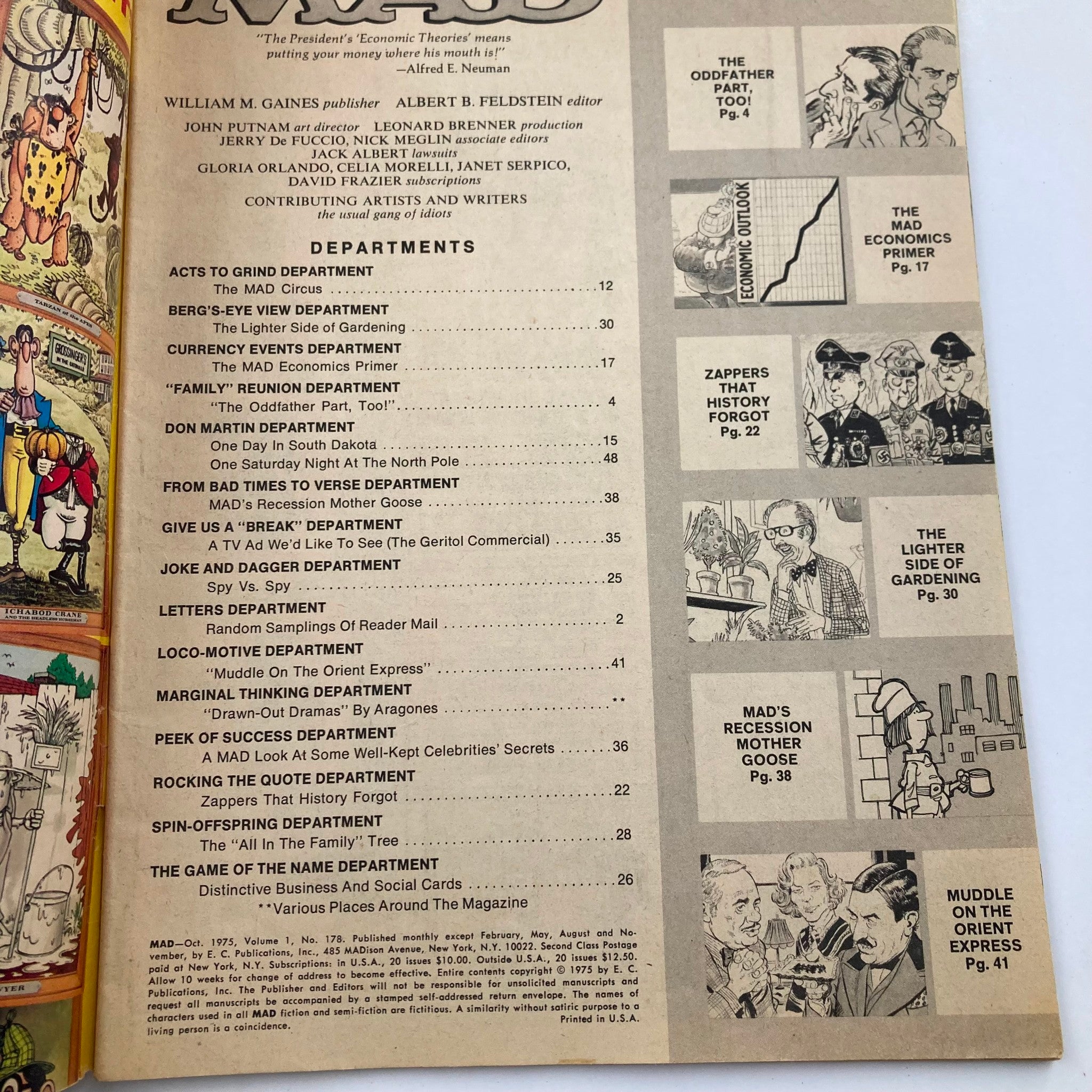 Table of contents from Mad Magazine October 1975 No. 178, featuring humorous sections including 'The Godfather Part, Too!' and 'The Lighter Side of Gardening.' This vintage magazine provides insights into 1970s pop culture and is perfect for collectors.