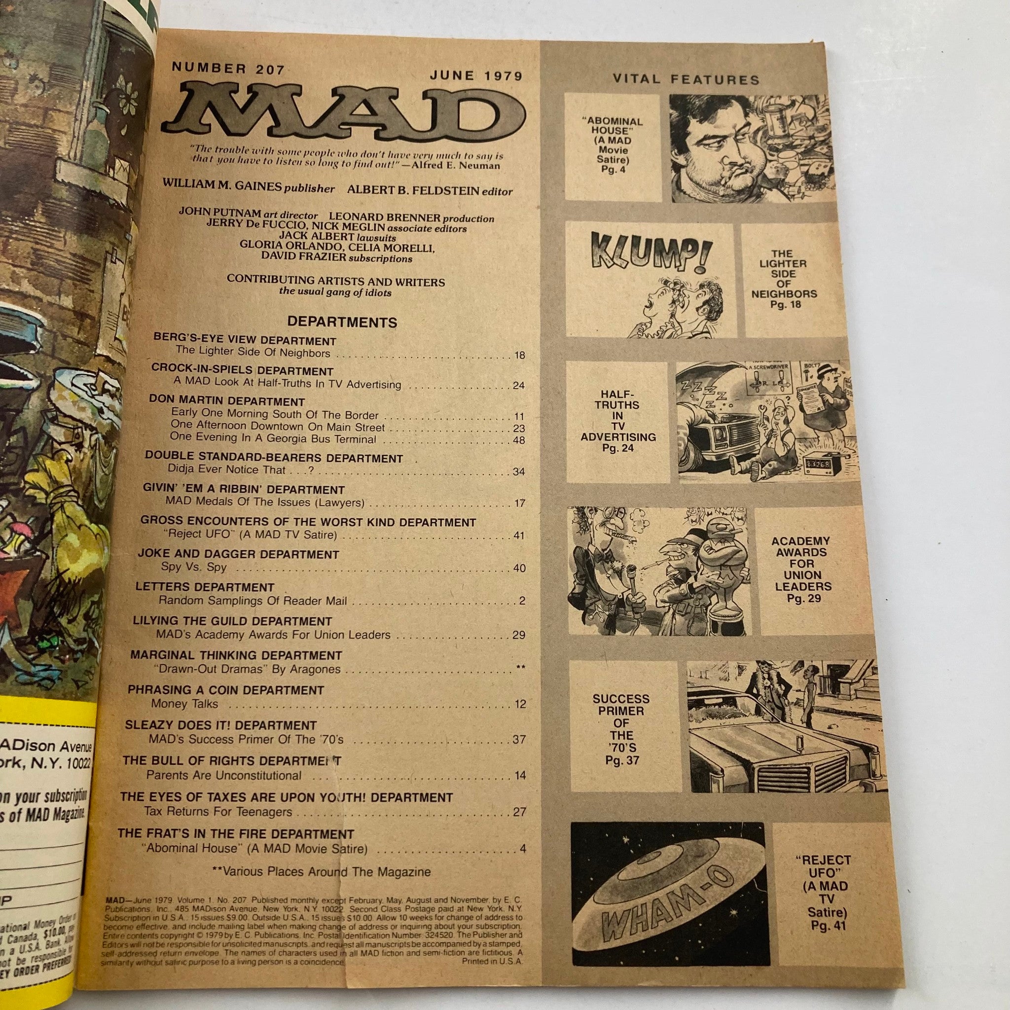 Inside page of Mad Magazine June 1979 No. 207 displaying the table of contents, showcasing various features and departments typical of the magazine's humor and satire.