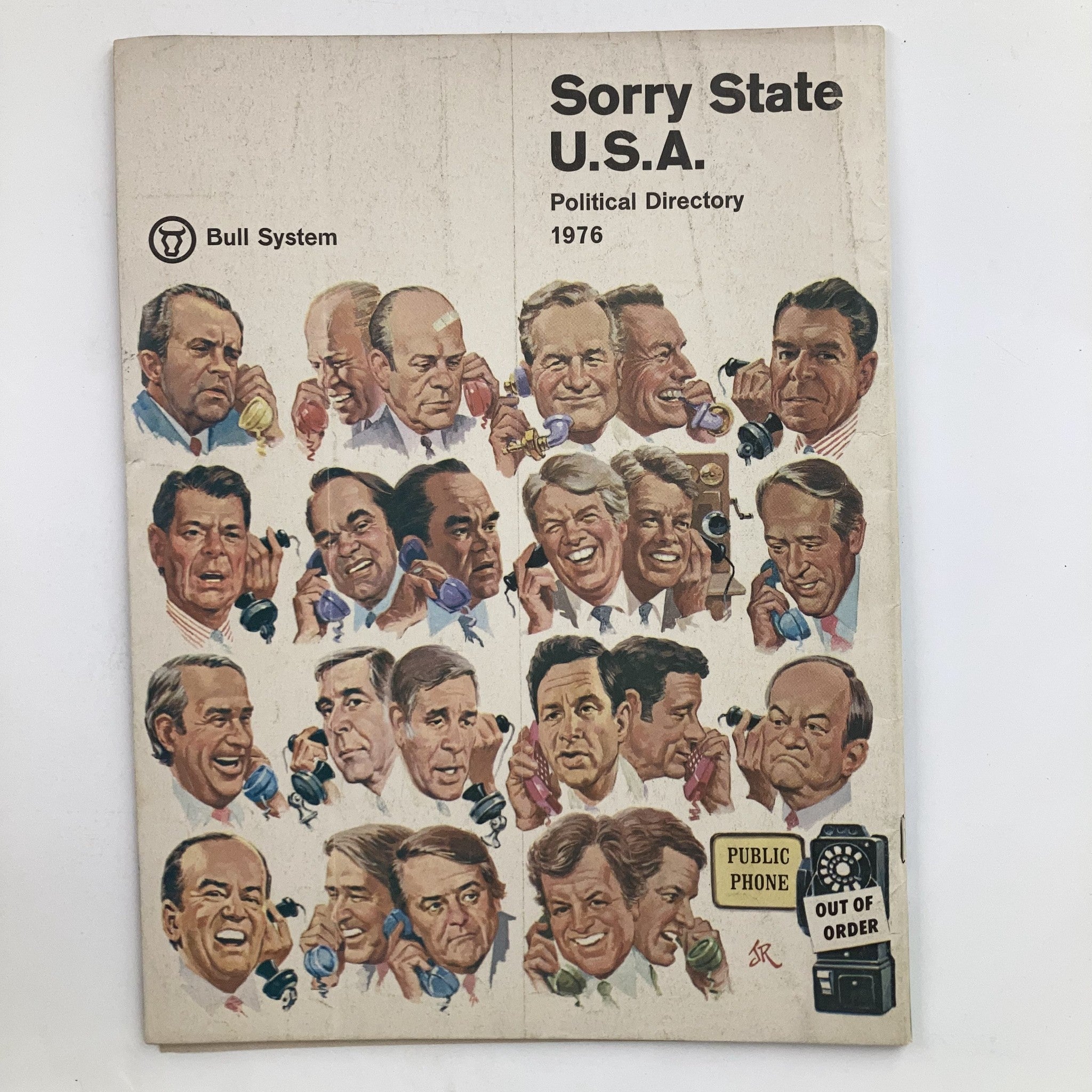 Cover of the political directory titled 'Sorry State U.S.A.' from 1976, featuring caricatures of notable politicians, reflecting the satirical tone of the era.