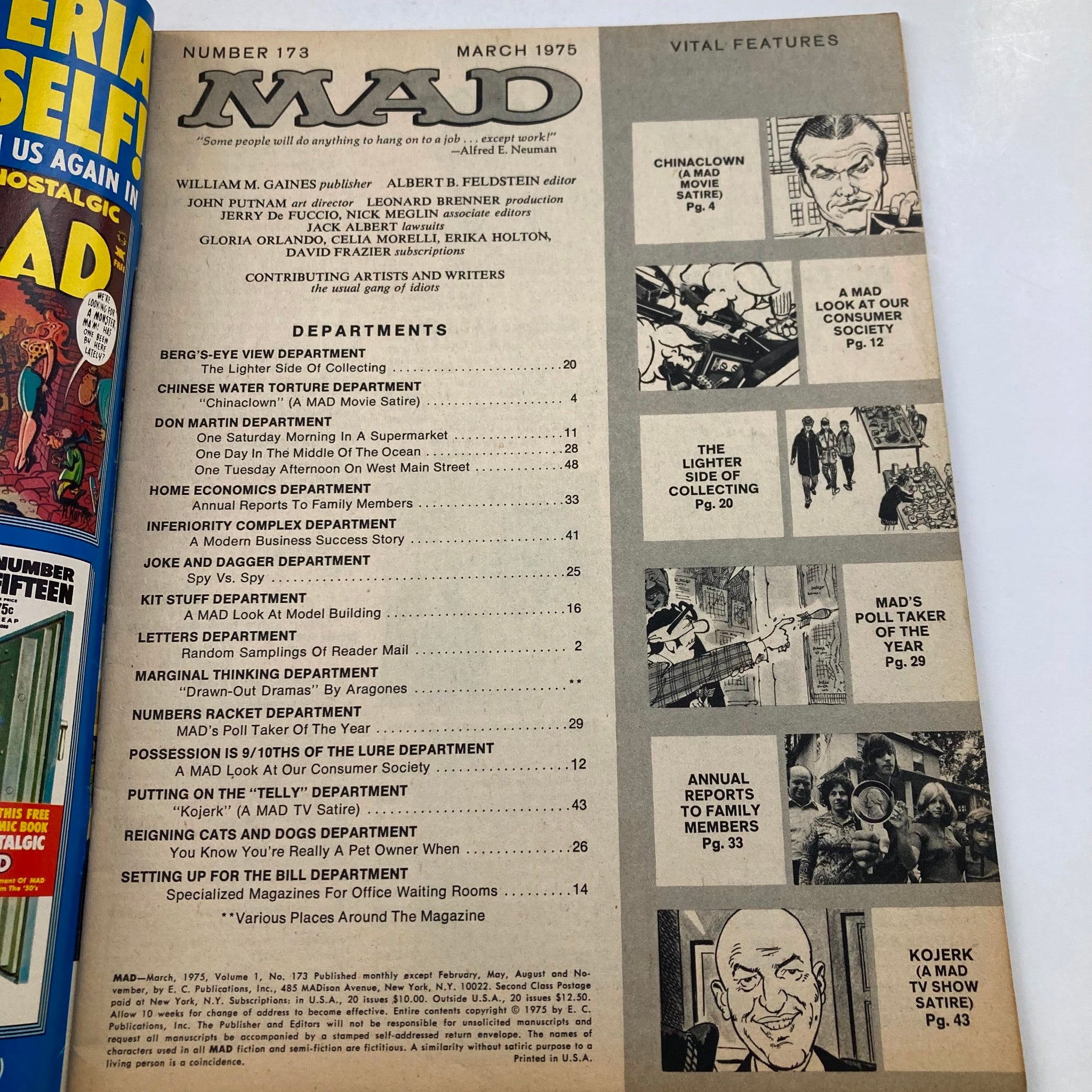 Interior page of Mad Magazine March 1975 No. 173, featuring department listings and cartoon illustrations, highlighting the Lighter Side of Collecting.