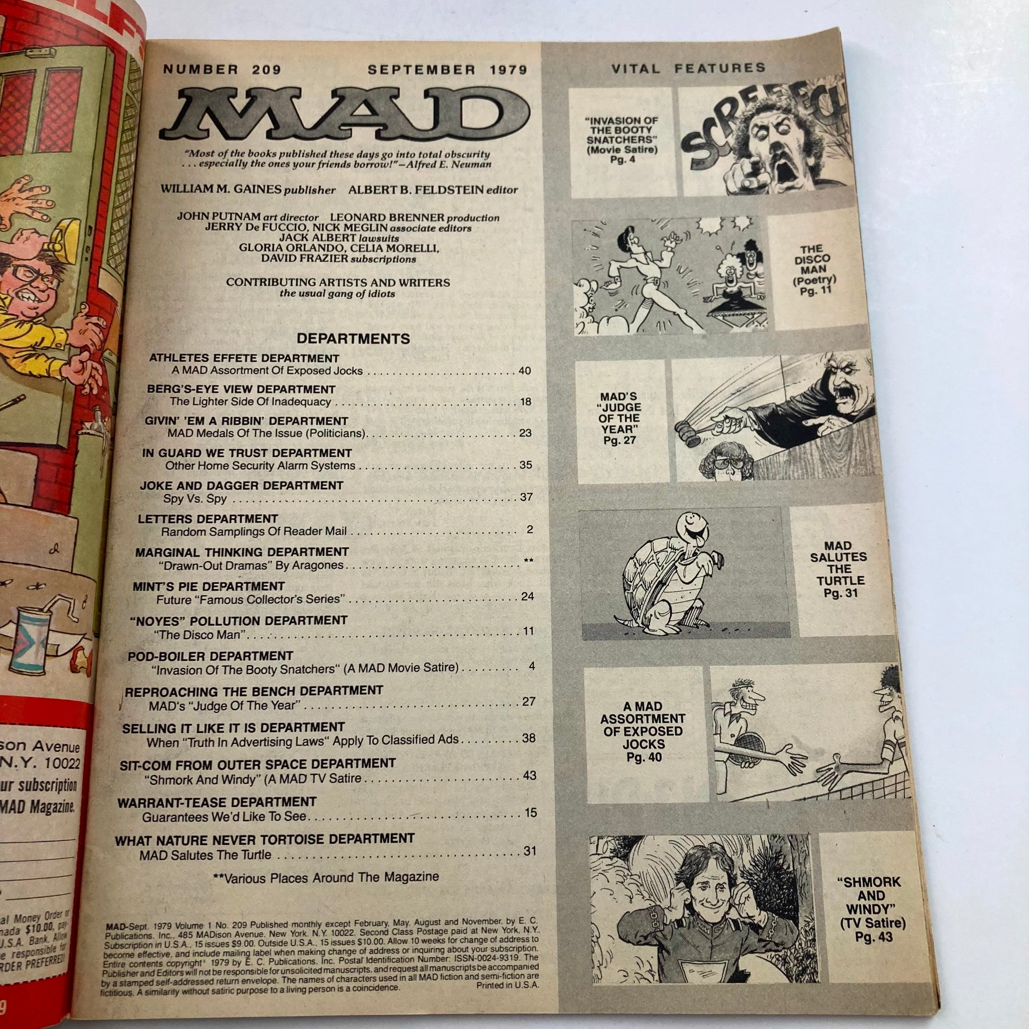 Table of contents from Mad Magazine September 1979 No. 209 showcasing various departments and features like 'Athletes Effete Department' and 'Mad's Judge of the Year.'